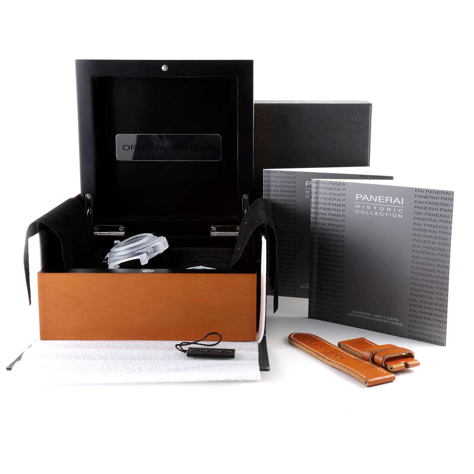 The image shows a Panerai Luminor PAM00372 Men's Stainless Steel Black Dial PAM00372 Men's Stainless Steel Black Dial watch box, instruction manuals, tags, and an additional brown leather strap set.