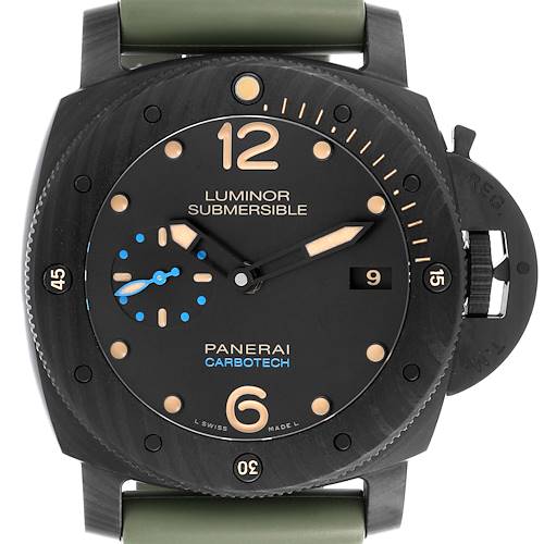 The Panerai Submersible watch is shown from the front, displaying the face, bezel, and crown guard.