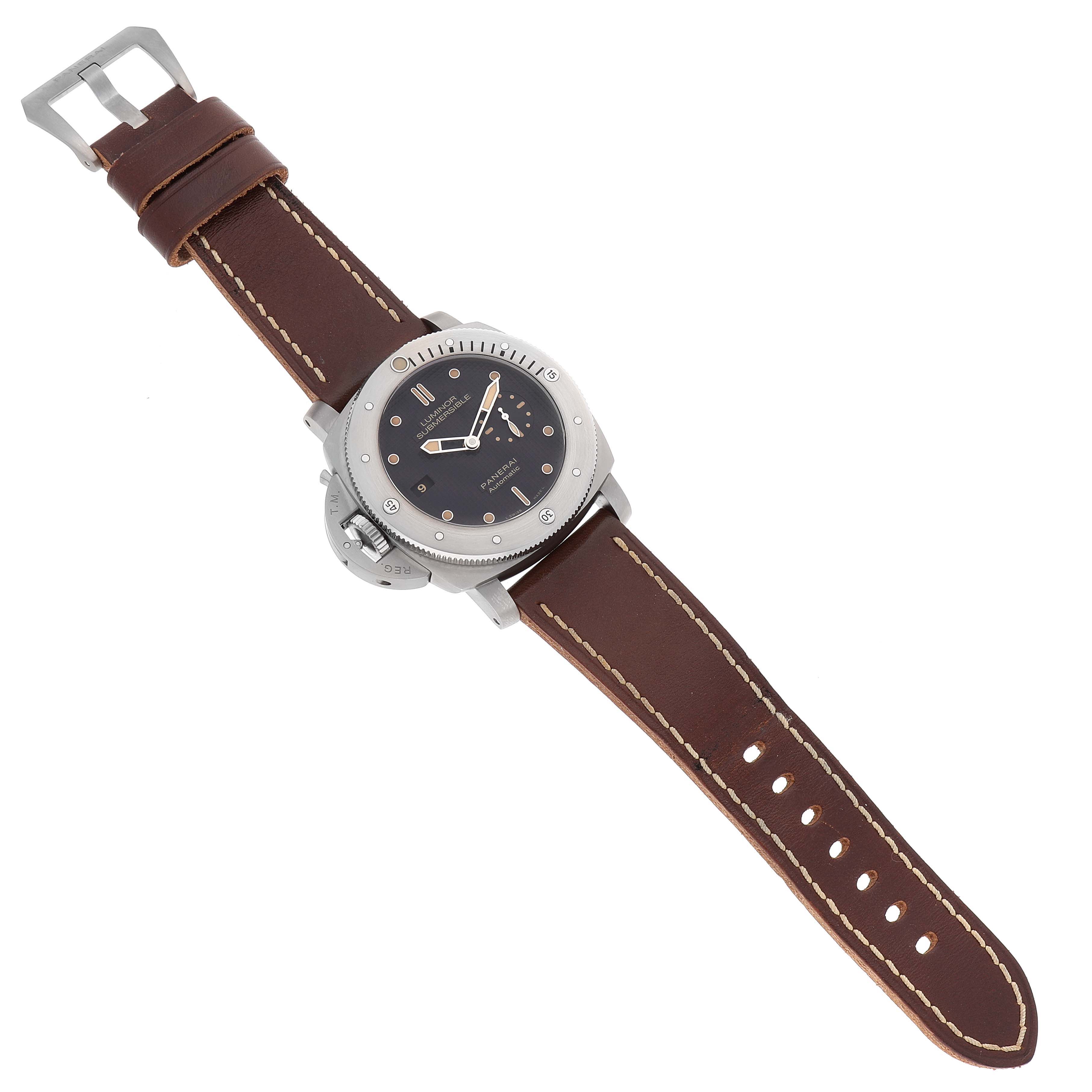 The image shows the Panerai Submersible PAM00569 Men's Titanium Black Dial PAM00569 Men's Titanium Black Dial watch from a top-down angle, displaying its face, bezel, and leather strap.