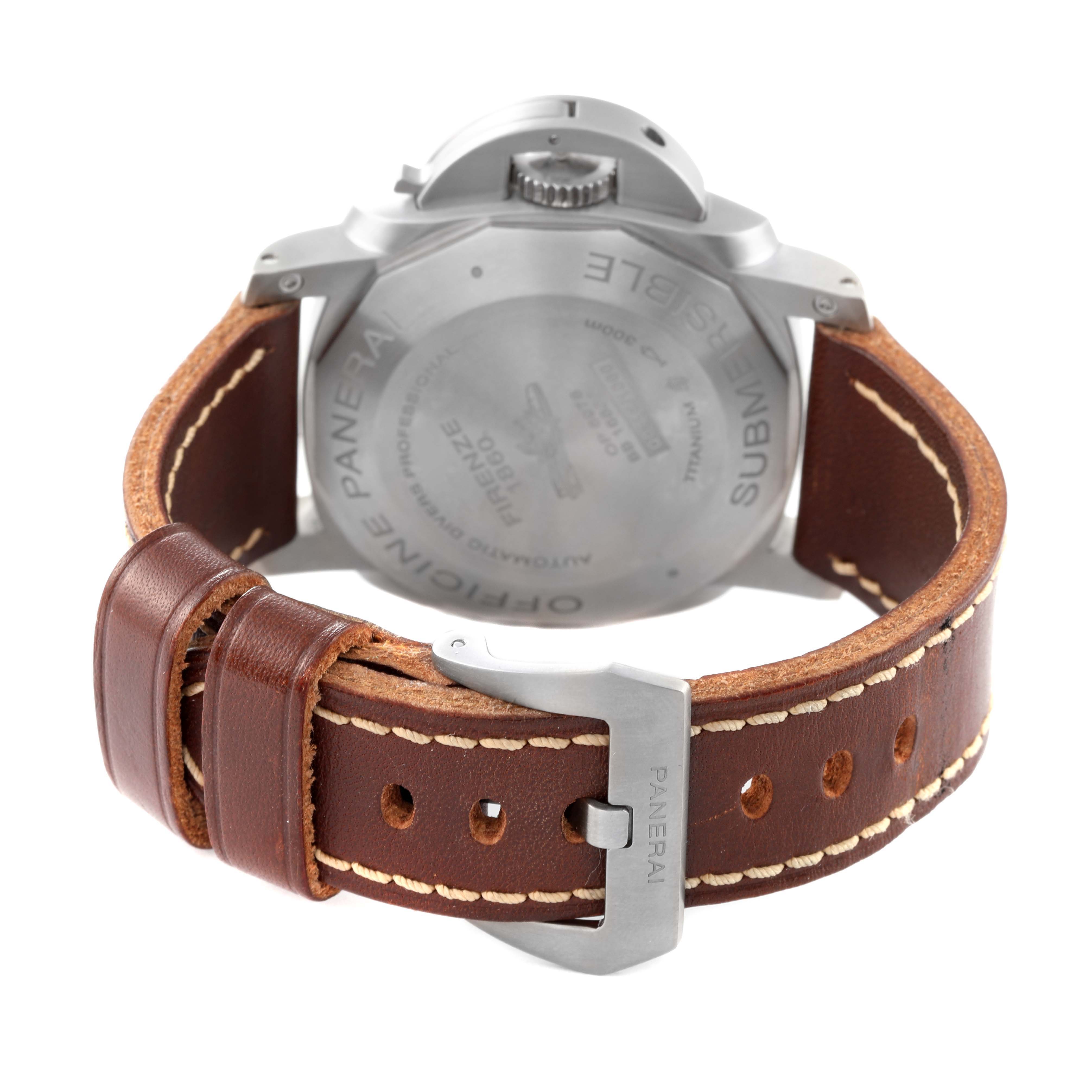 The image shows the back case and leather strap of a Panerai Submersible PAM00569 Men's Titanium Black Dial PAM00569 Men's Titanium Black Dial watch, angled to highlight the case back and buckle.