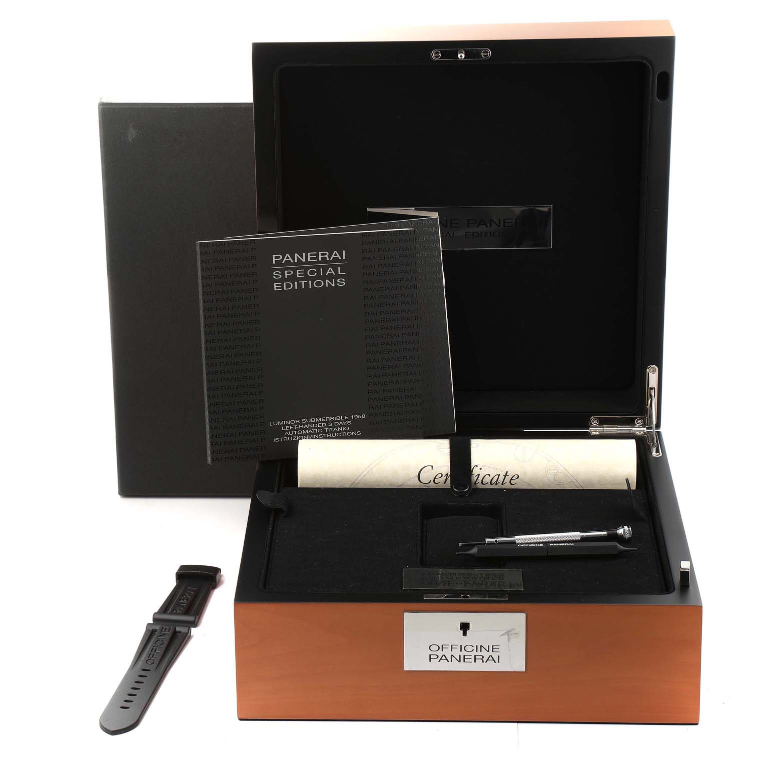 The image shows the packaging box for a Panerai Submersible PAM00569 Men's Titanium Black Dial PAM00569 Men's Titanium Black Dial watch, featuring a certificate, strap, and a tool.