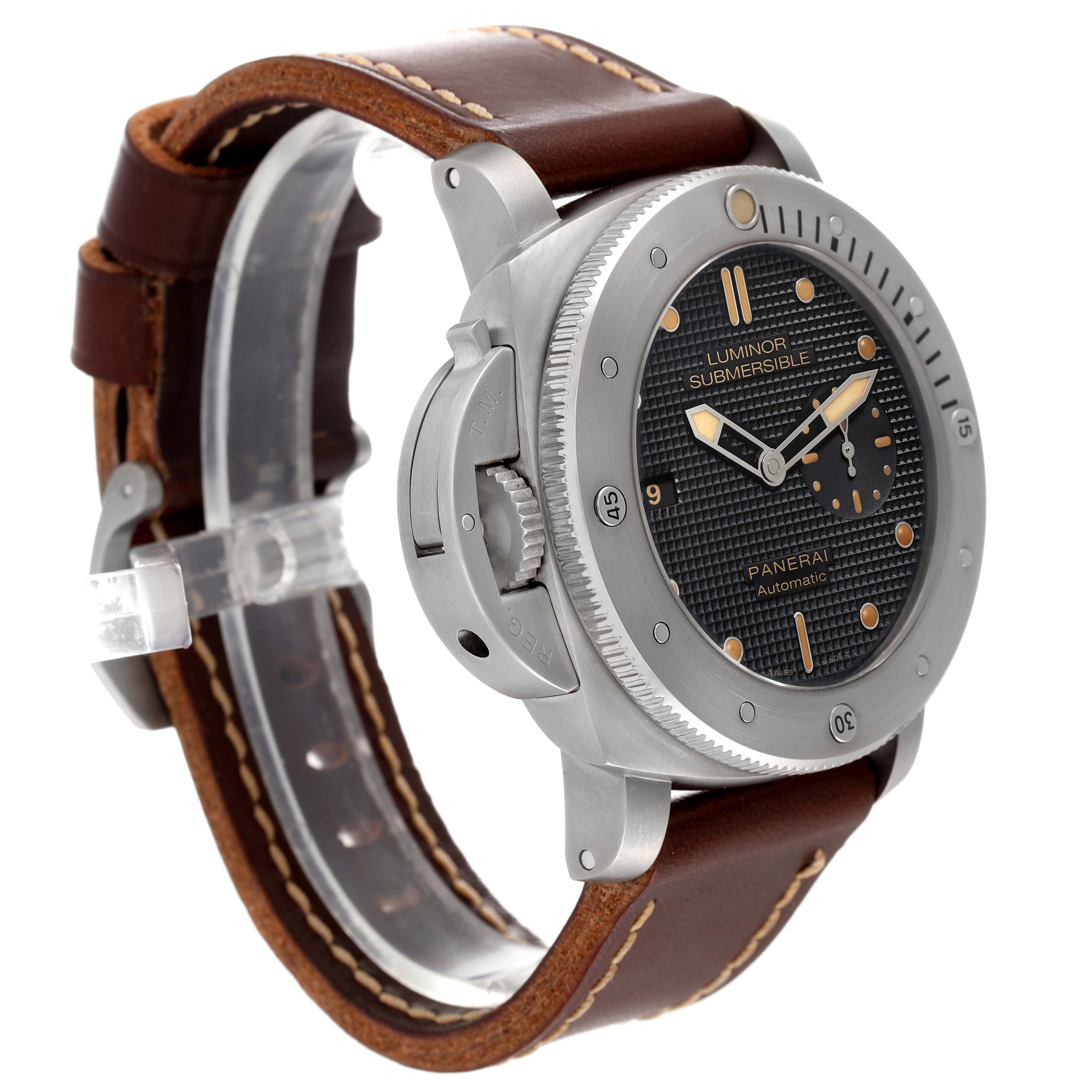 The image shows a Panerai Submersible PAM00569 Men's Titanium Black Dial PAM00569 Men's Titanium Black Dial watch at a slight angle, depicting the face, bezel, case, and leather strap.