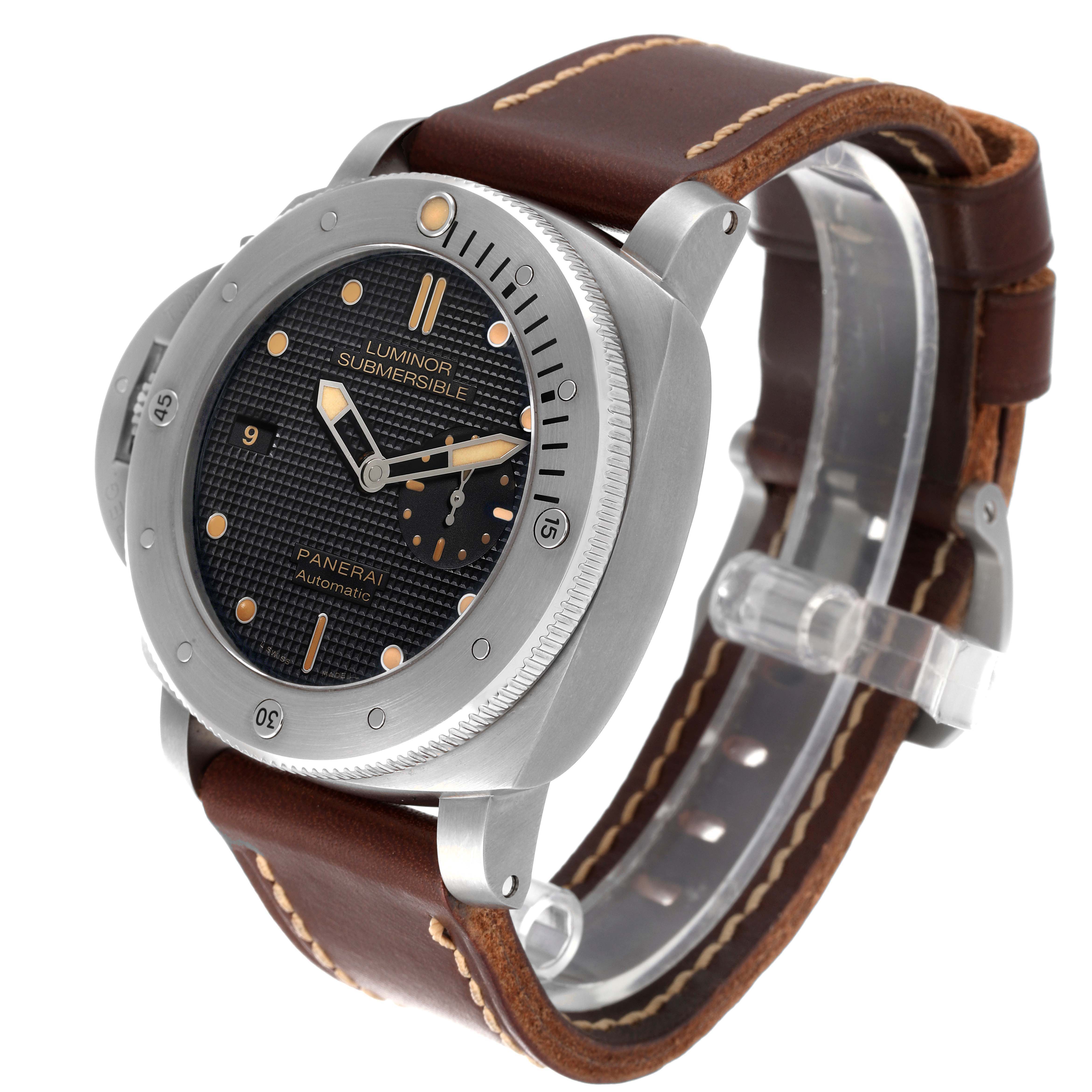 The Panerai Submersible PAM00569 Men's Titanium Black Dial PAM00569 Men's Titanium Black Dial watch is shown at an angle displaying the face, bezel, and brown leather strap.