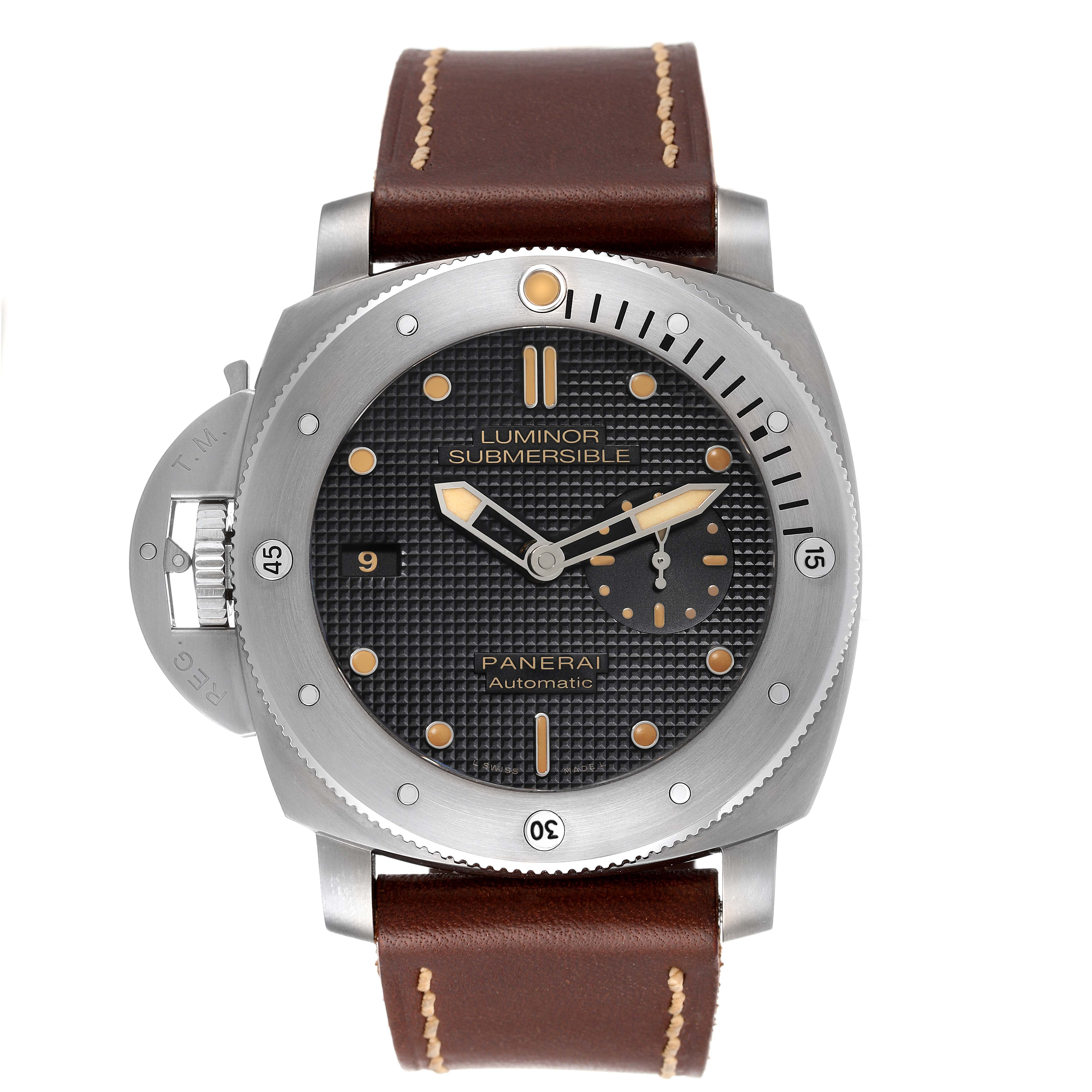 The image shows a front view of a Panerai Submersible PAM00569 Men's Titanium Black Dial PAM00569 Men's Titanium Black Dial watch, displaying its dial, bezel, crown guard, and leather strap.