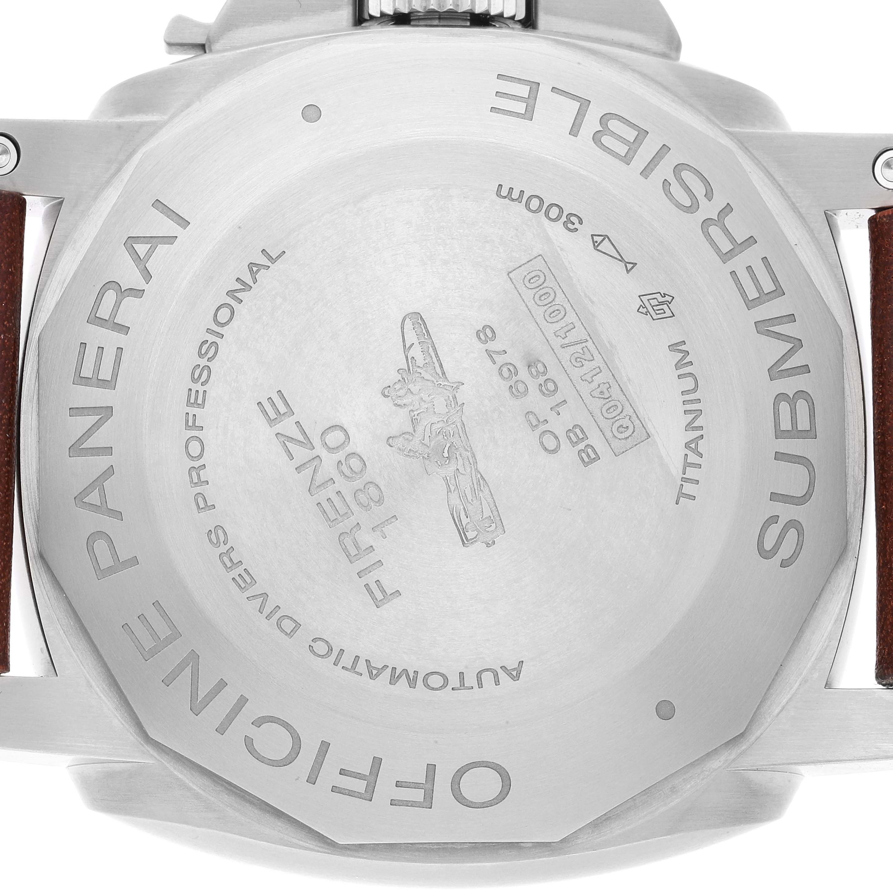 The image shows the back case of a Panerai Submersible PAM00569 Men's Titanium Black Dial PAM00569 Men's Titanium Black Dial watch, highlighting its inscriptions and details.