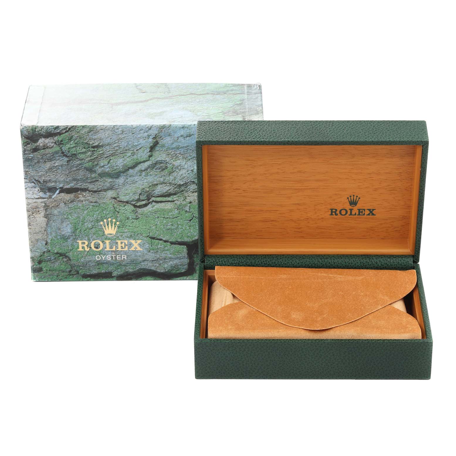 This image shows an open Rolex Air-King 14000 Men's Stainless Steel Blue Dial 14000 Men's Stainless Steel Blue Dial box and a protective suede pouch inside a wooden inner casing.