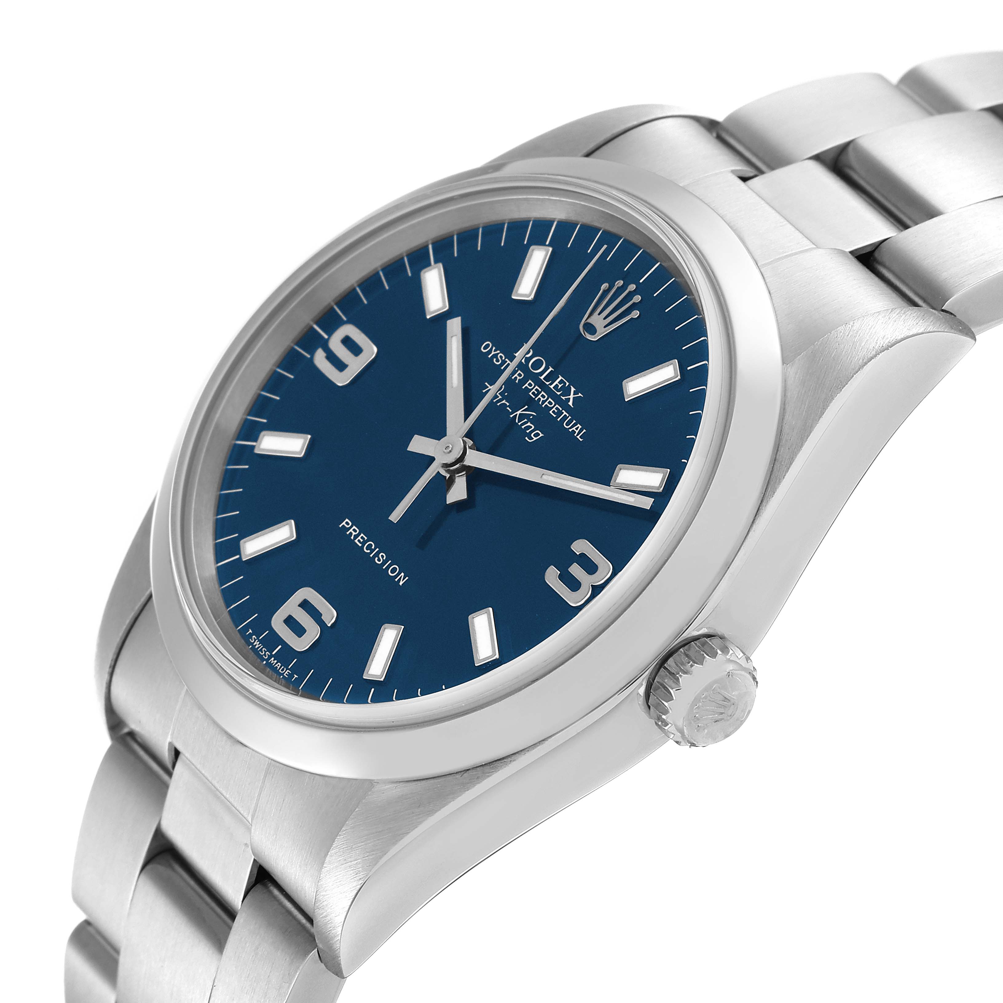 The Rolex Air-King 14000 Men's Stainless Steel Blue Dial 14000 Men's Stainless Steel Blue Dial watch is shown from a three-quarter angle, highlighting the dial, crown, and part of the bracelet.