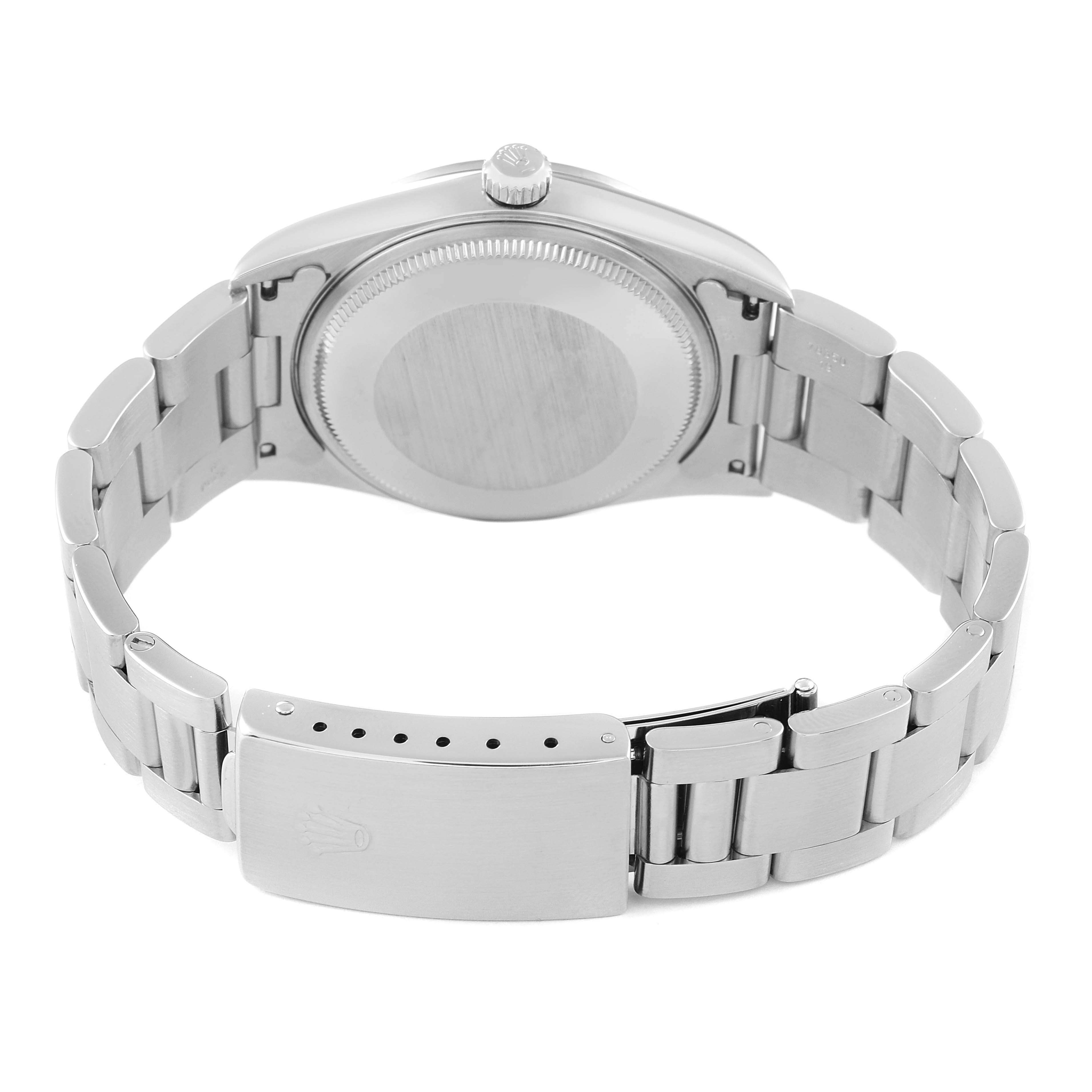 This image shows the back case and clasp of the Rolex Air-King 14000 Men's Stainless Steel Blue Dial 14000 Men's Stainless Steel Blue Dial watch from a rear angle.