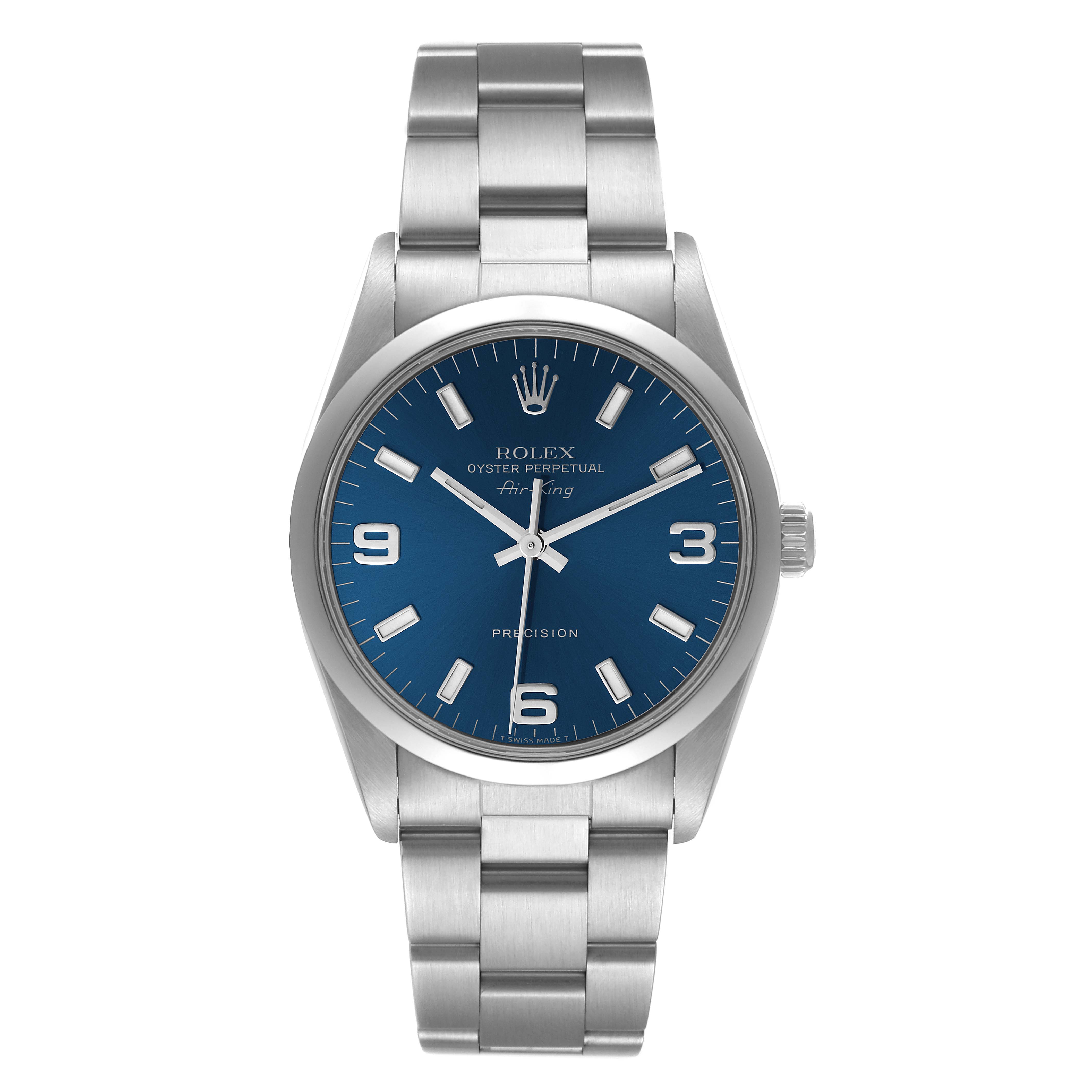 This is a front-facing view of a Rolex Air-King 14000 Men's Stainless Steel Blue Dial 14000 Men's Stainless Steel Blue Dial watch, displaying its dial, bezel, case, and bracelet.