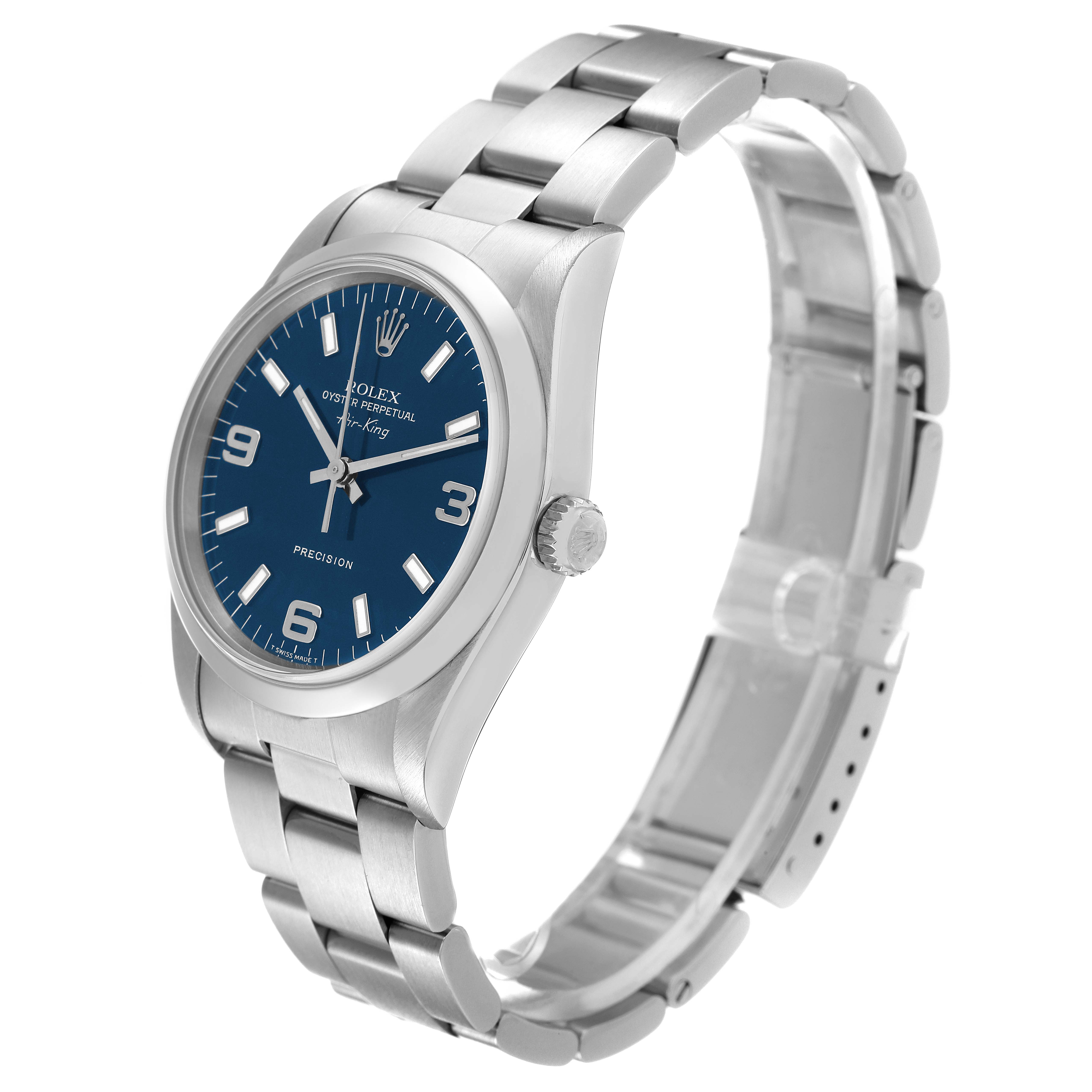 The Rolex Air-King 14000 Men's Stainless Steel Blue Dial 14000 Men's Stainless Steel Blue Dial watch is shown from a three-quarter angle, displaying its face, crown, and bracelet.