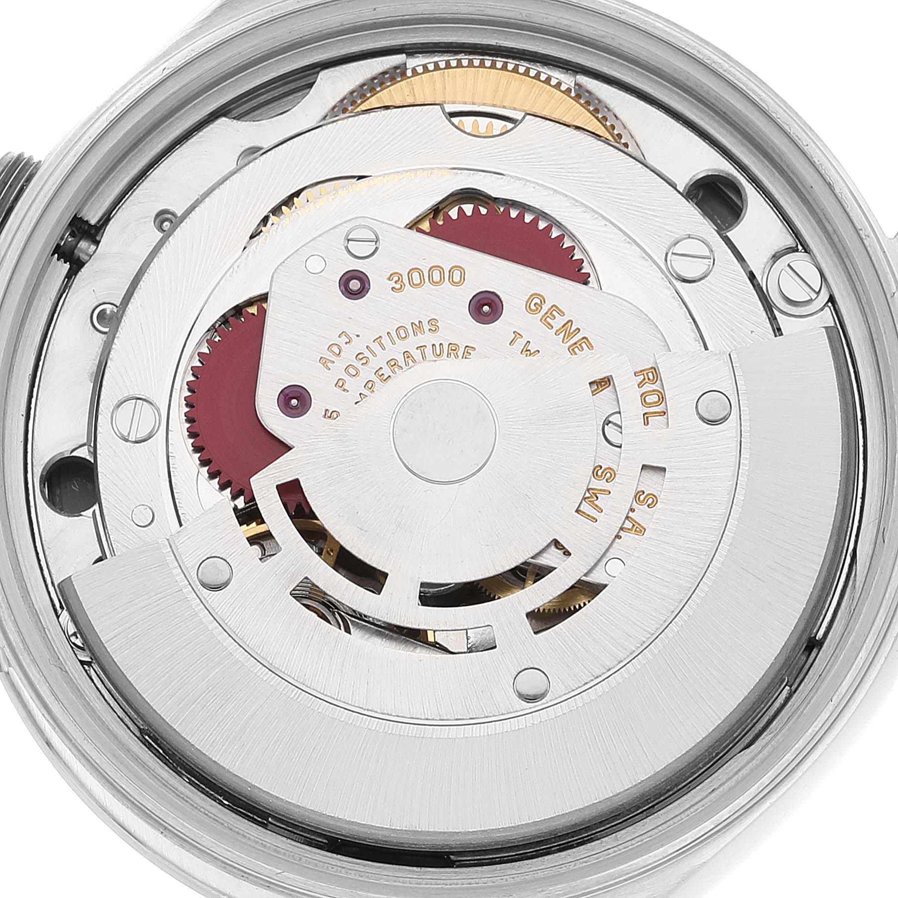 This image shows the intricate internal mechanism of a Rolex Air-King 14000 Men's Stainless Steel Blue Dial 14000 Men's Stainless Steel Blue Dial watch from a rear angle.