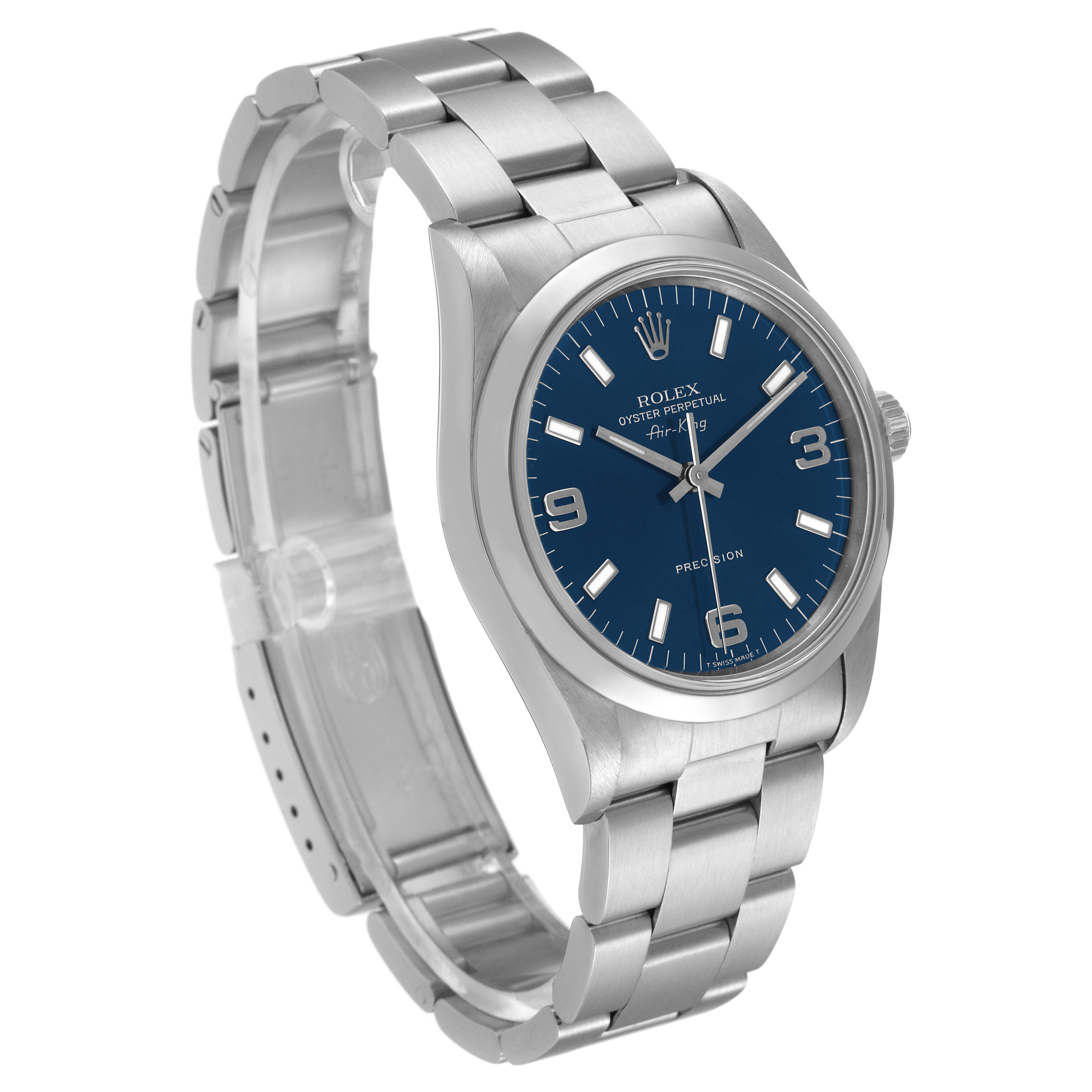 The Rolex Air-King 14000 Men's Stainless Steel Blue Dial 14000 Men's Stainless Steel Blue Dial watch is shown at an angled view, highlighting the blue dial, silver bracelet, and clasp.