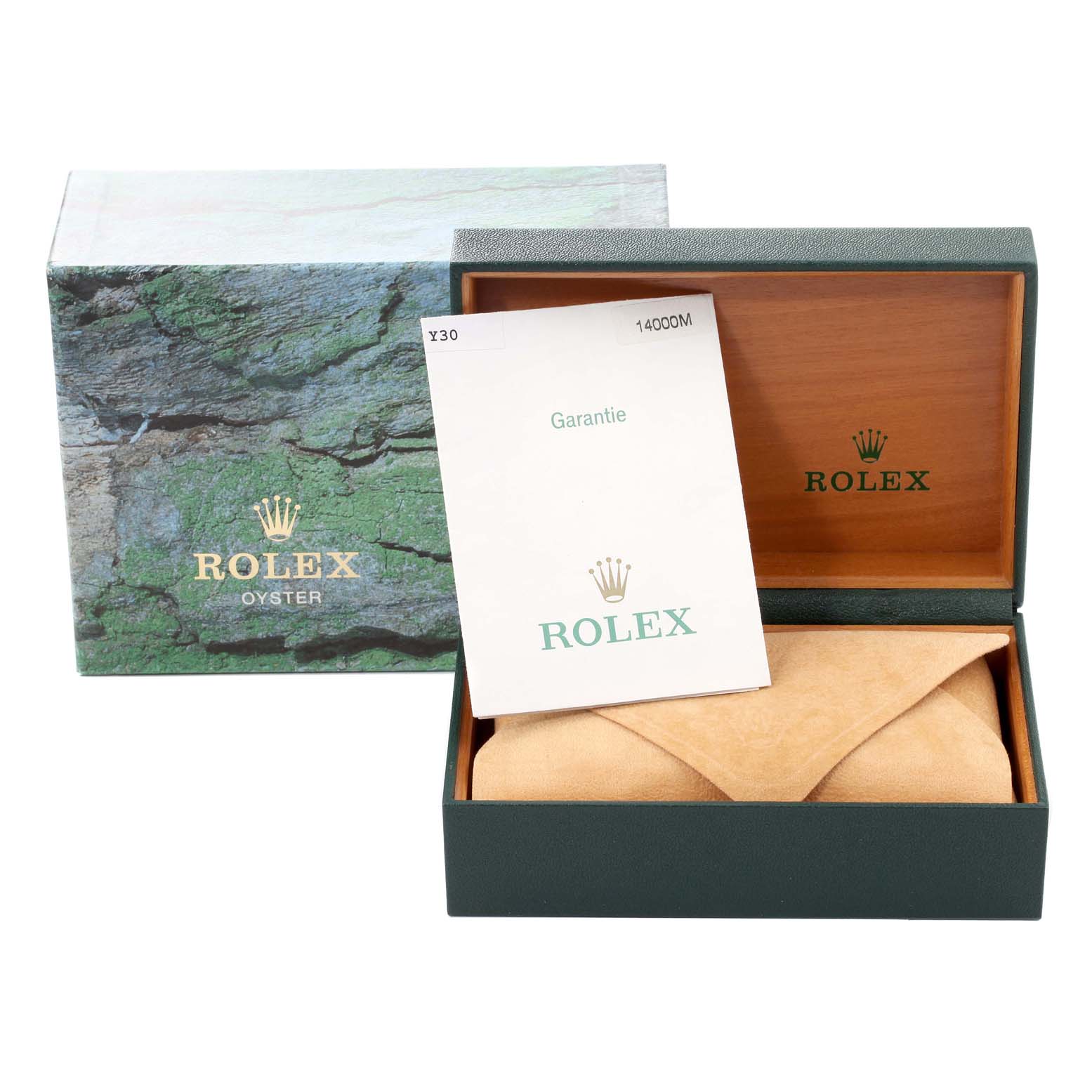 The image shows the Rolex Air-King 14000M Men's Stainless Steel Black Dial 14000M Men's Stainless Steel Black Dial watch box, guarantee booklet, and a velvet watch pouch.