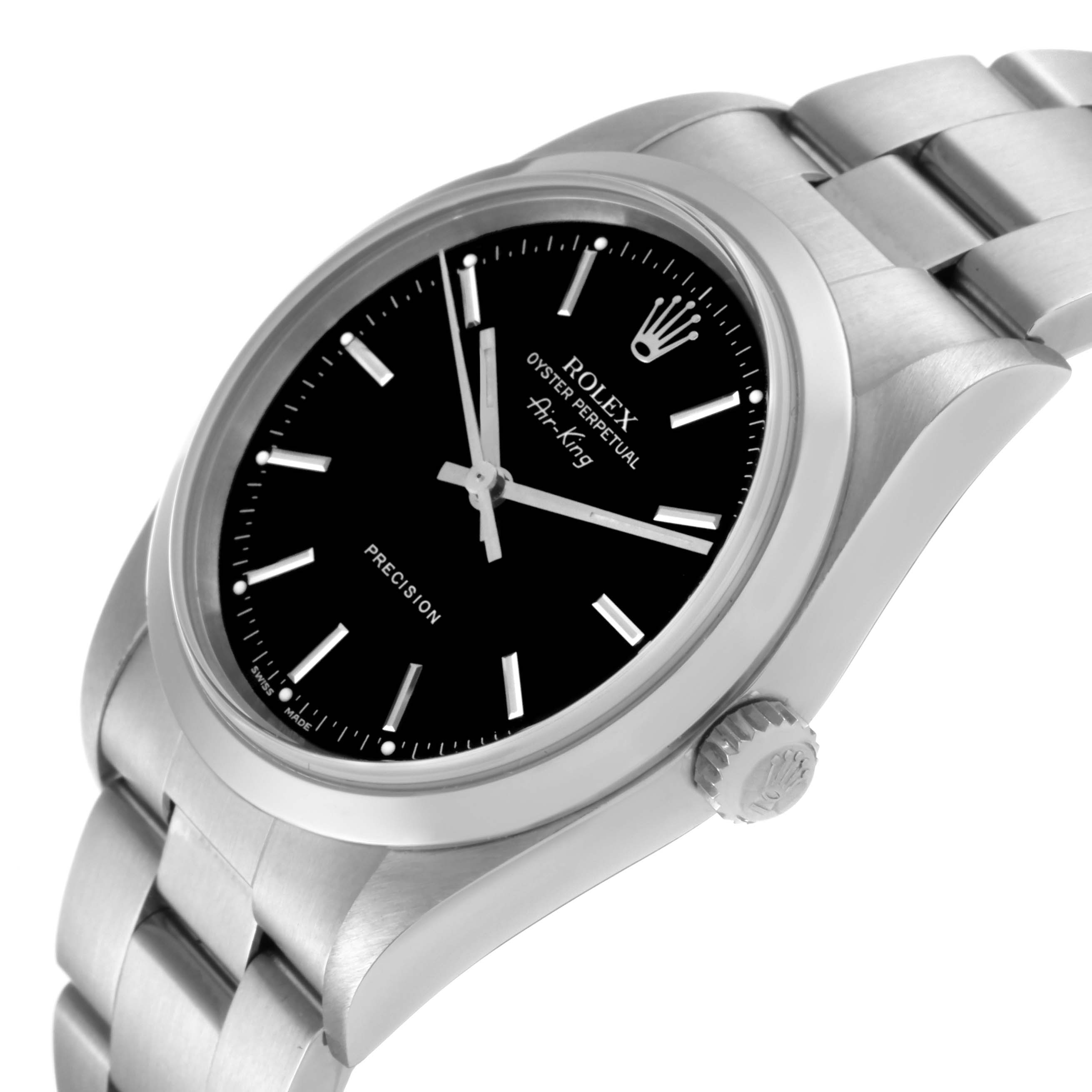 The image shows a Rolex Air-King 14000M Men's Stainless Steel Black Dial 14000M Men's Stainless Steel Black Dial watch angled to display its dial, crown, and part of the stainless steel bracelet.