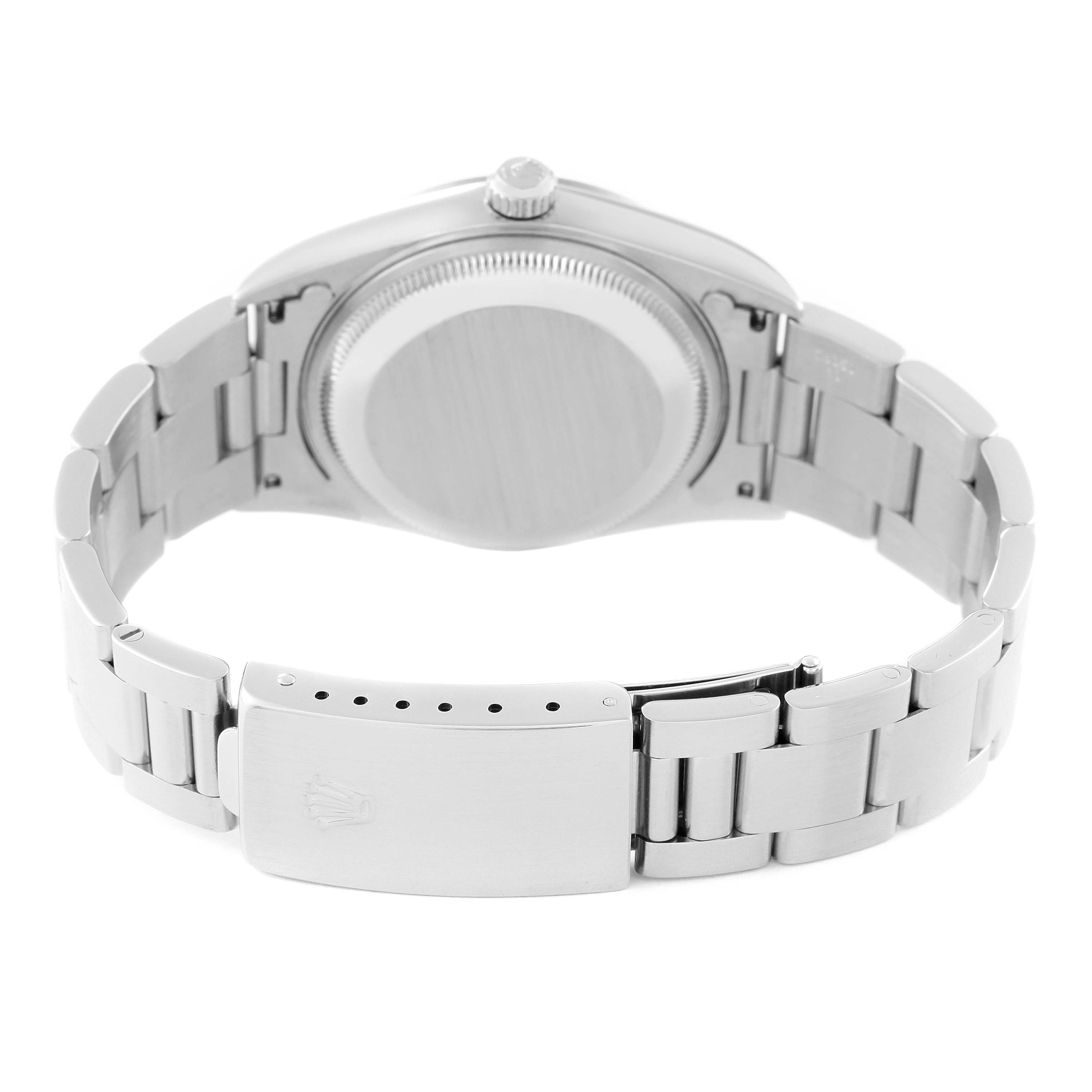 The image shows the back view of a Rolex Air-King 14000M Men's Stainless Steel Black Dial 14000M Men's Stainless Steel Black Dial watch, highlighting its case back, crown, and metal bracelet clasp.