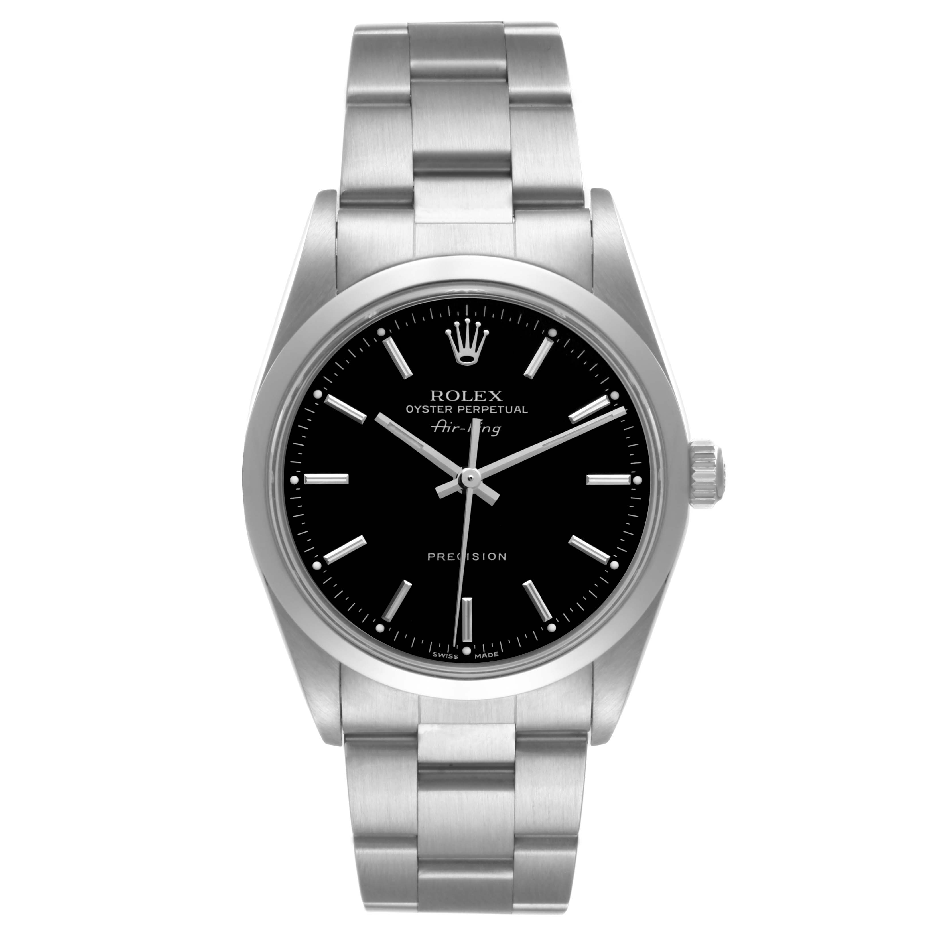 The image shows a front view of a Rolex Air-King 14000M Men's Stainless Steel Black Dial 14000M Men's Stainless Steel Black Dial with a black dial and a silver metal bracelet.