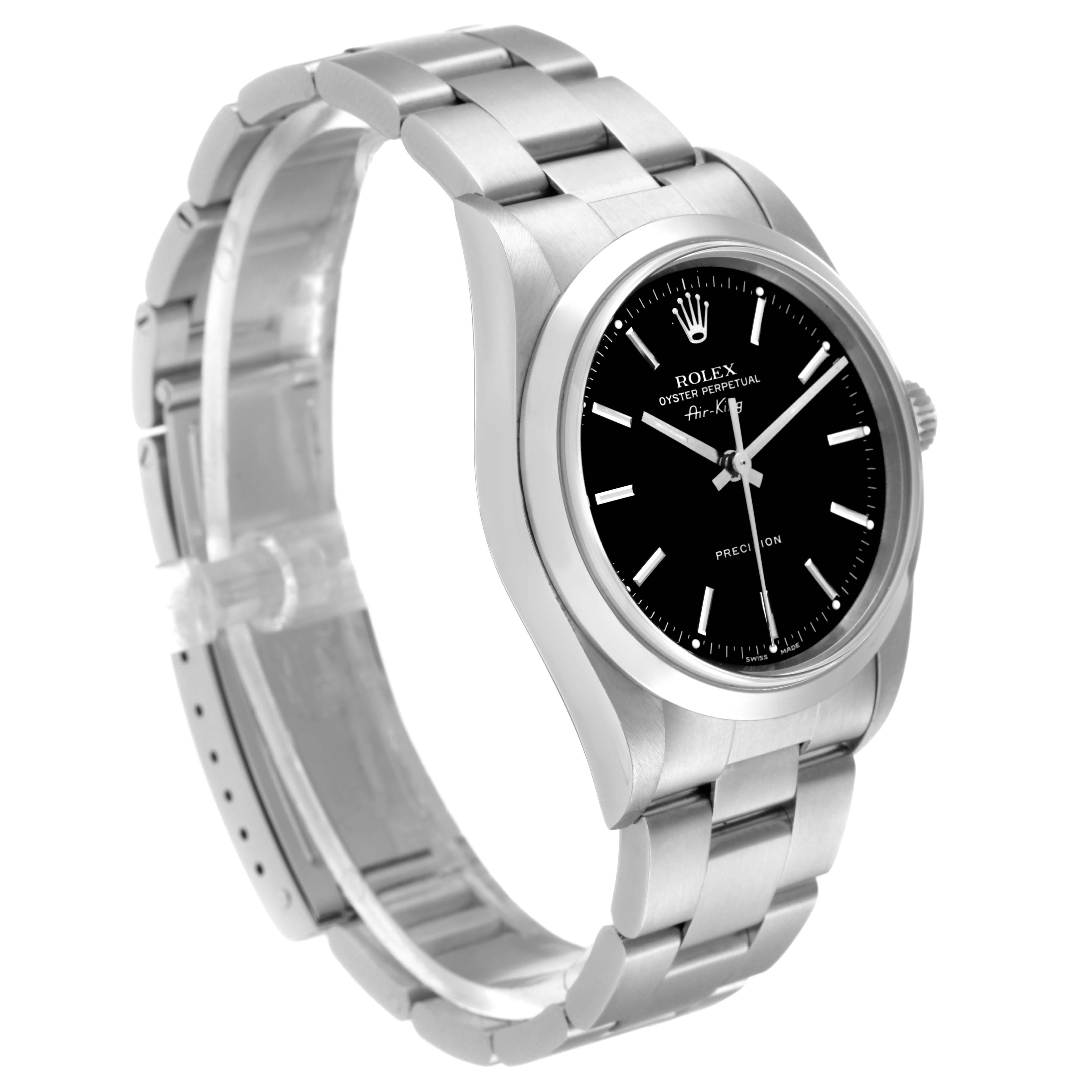 The Rolex Air-King 14000M Men's Stainless Steel Black Dial 14000M Men's Stainless Steel Black Dial watch is shown at a three-quarter angle, displaying its bracelet, case, and black dial.