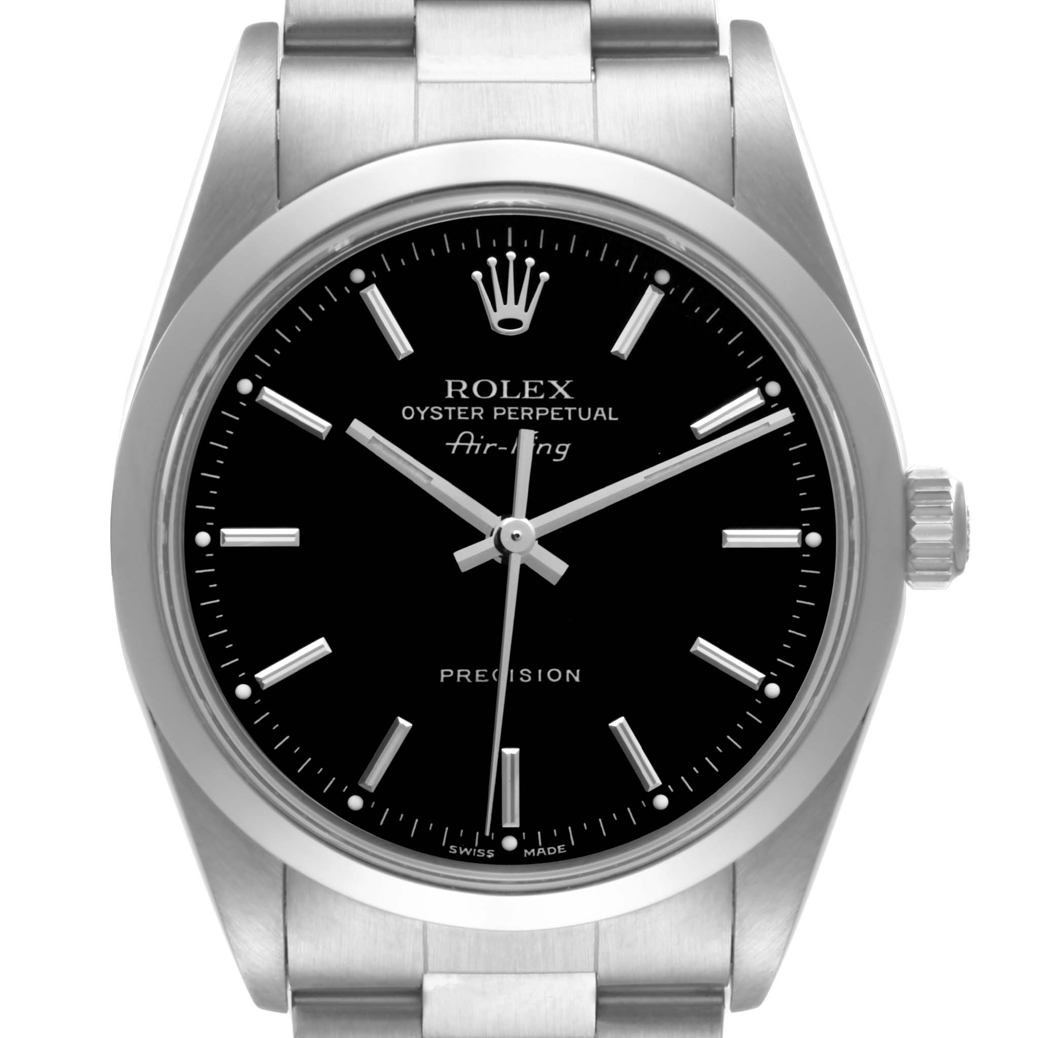 The image shows a front view of a Rolex Air-King 14000M Men's Stainless Steel Black Dial 14000M Men's Stainless Steel Black Dial watch, highlighting its dial, hands, markers, bezel, and crown.
