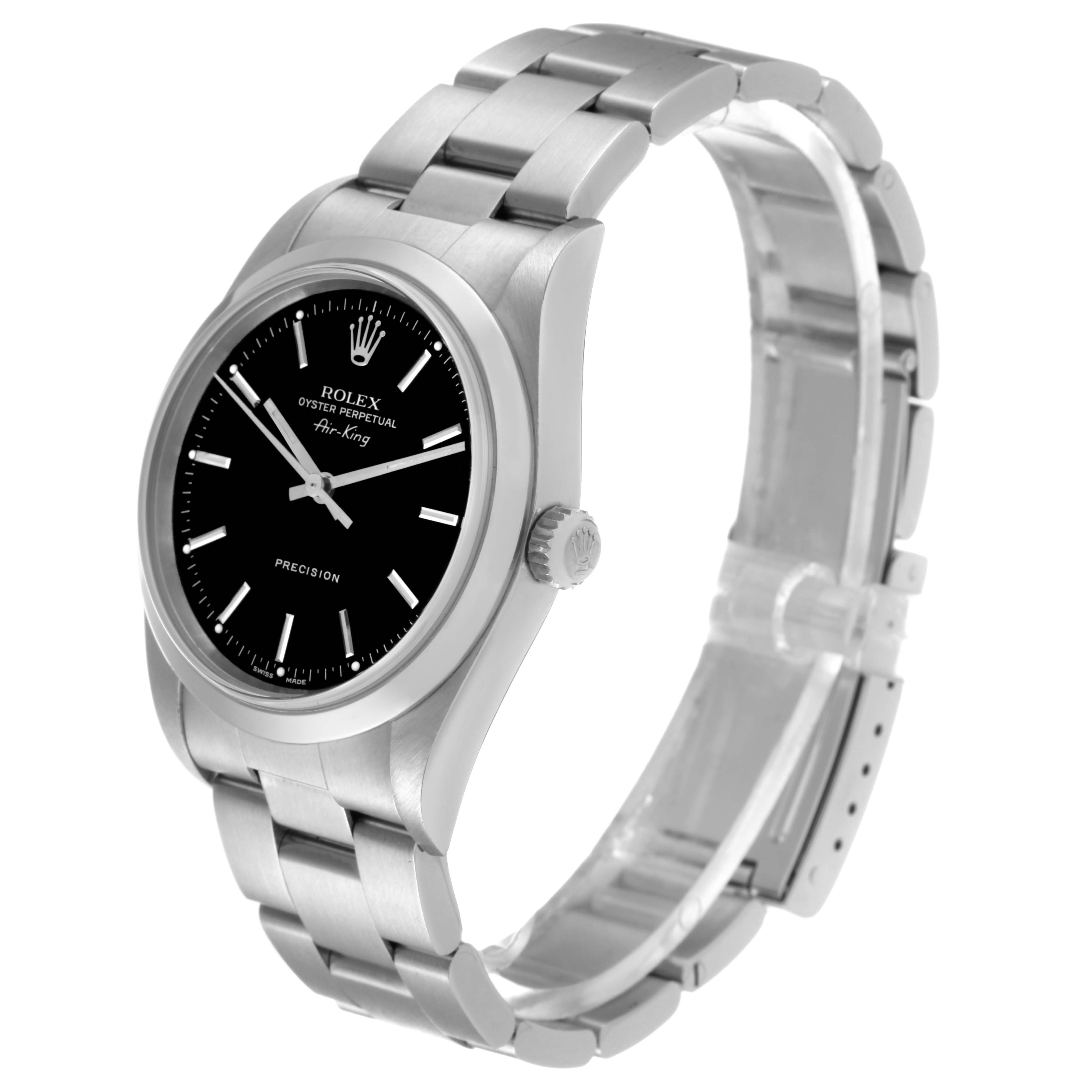 The image shows a Rolex Air-King 14000M Men's Stainless Steel Black Dial 14000M Men's Stainless Steel Black Dial watch at a three-quarter angle, highlighting the black dial, crown, case, and bracelet.