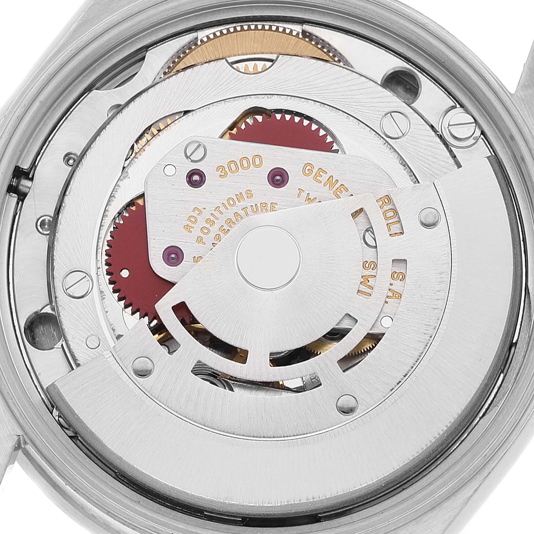 This image shows the internal mechanism and movement of the Rolex Air-King 14010 Men's Stainless Steel Silver Dial 14010 Men's Stainless Steel Silver Dial watch, viewed from the back.