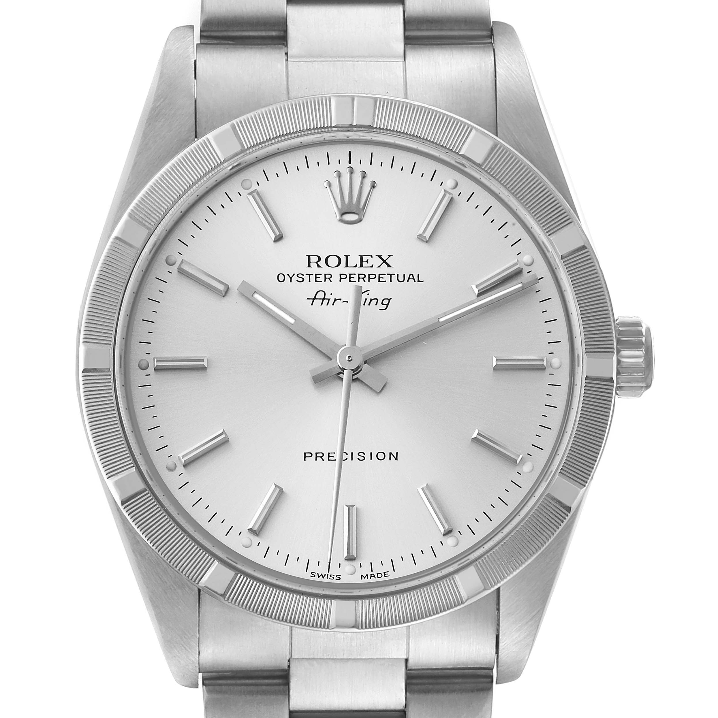The Rolex Air-King 14010 Men's Stainless Steel Silver Dial 14010 Men's Stainless Steel Silver Dial watch is shown from a direct front angle, displaying the dial, hands, bezel, and part of the bracelet.
