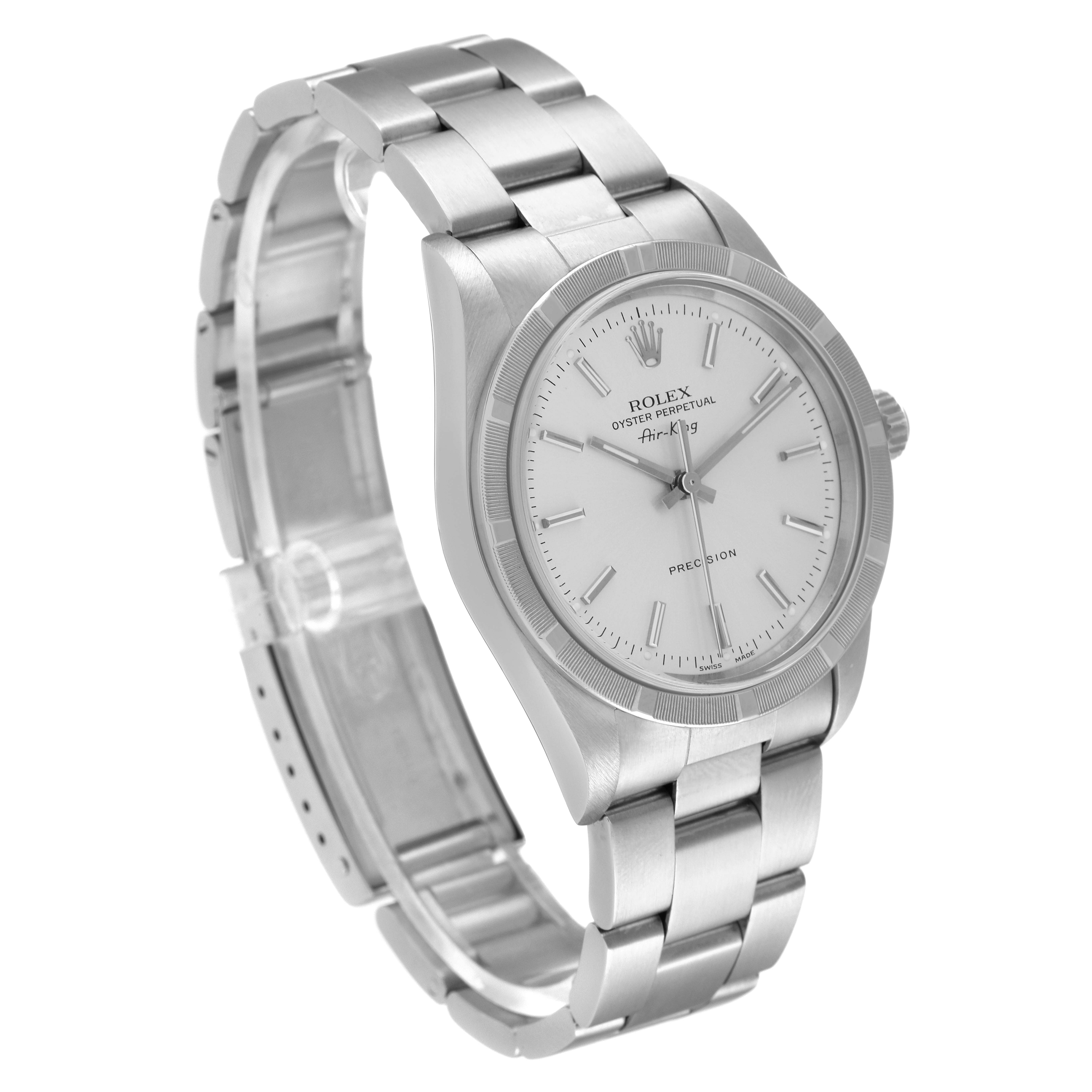 The Rolex Air-King 14010 Men's Stainless Steel Silver Dial 14010 Men's Stainless Steel Silver Dial watch is shown at a slight angled view, displaying the dial, bezel, and bracelet.