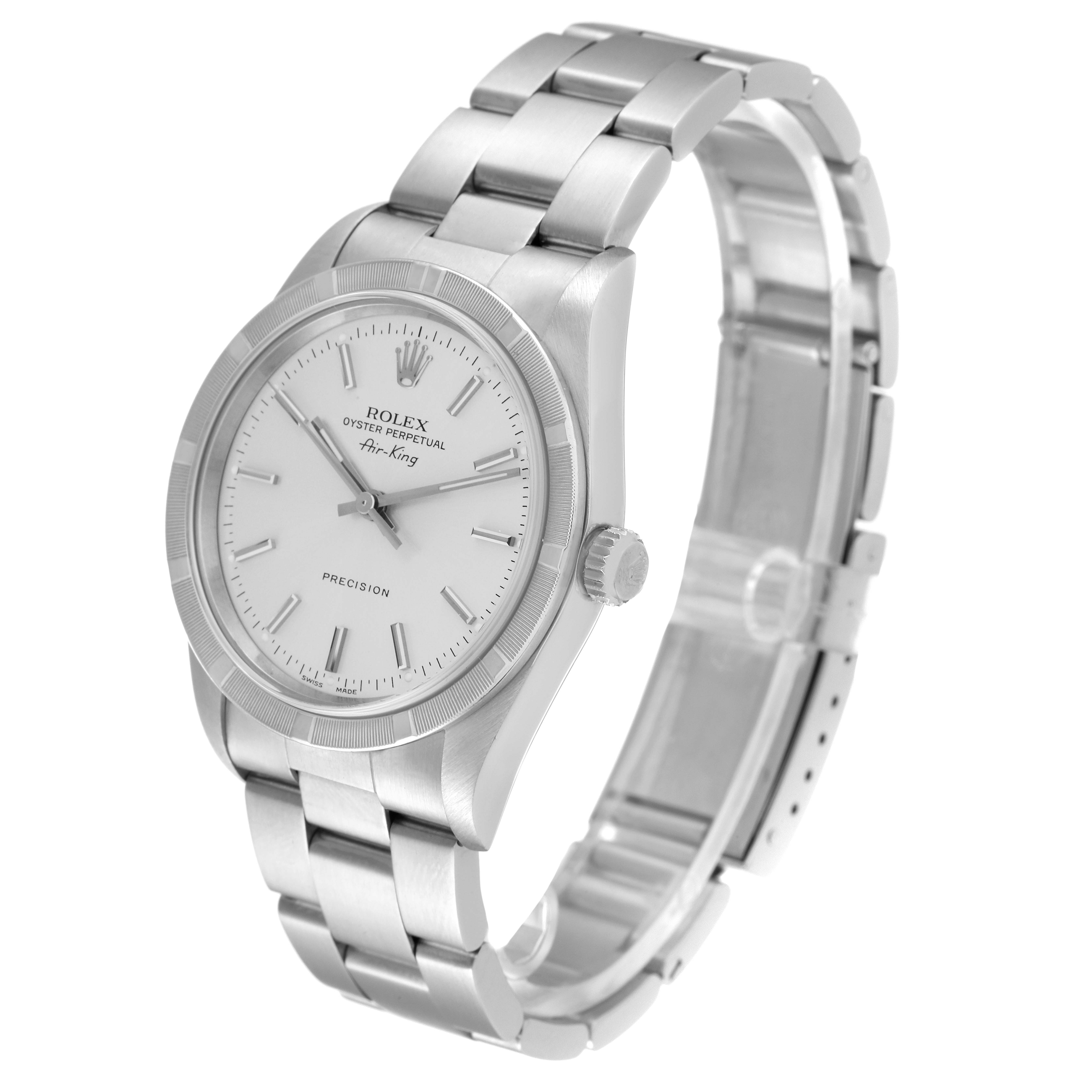 The Rolex Air-King 14010 Men's Stainless Steel Silver Dial 14010 Men's Stainless Steel Silver Dial watch is shown at a three-quarter angle, featuring the watch face, bezel, crown, and bracelet.