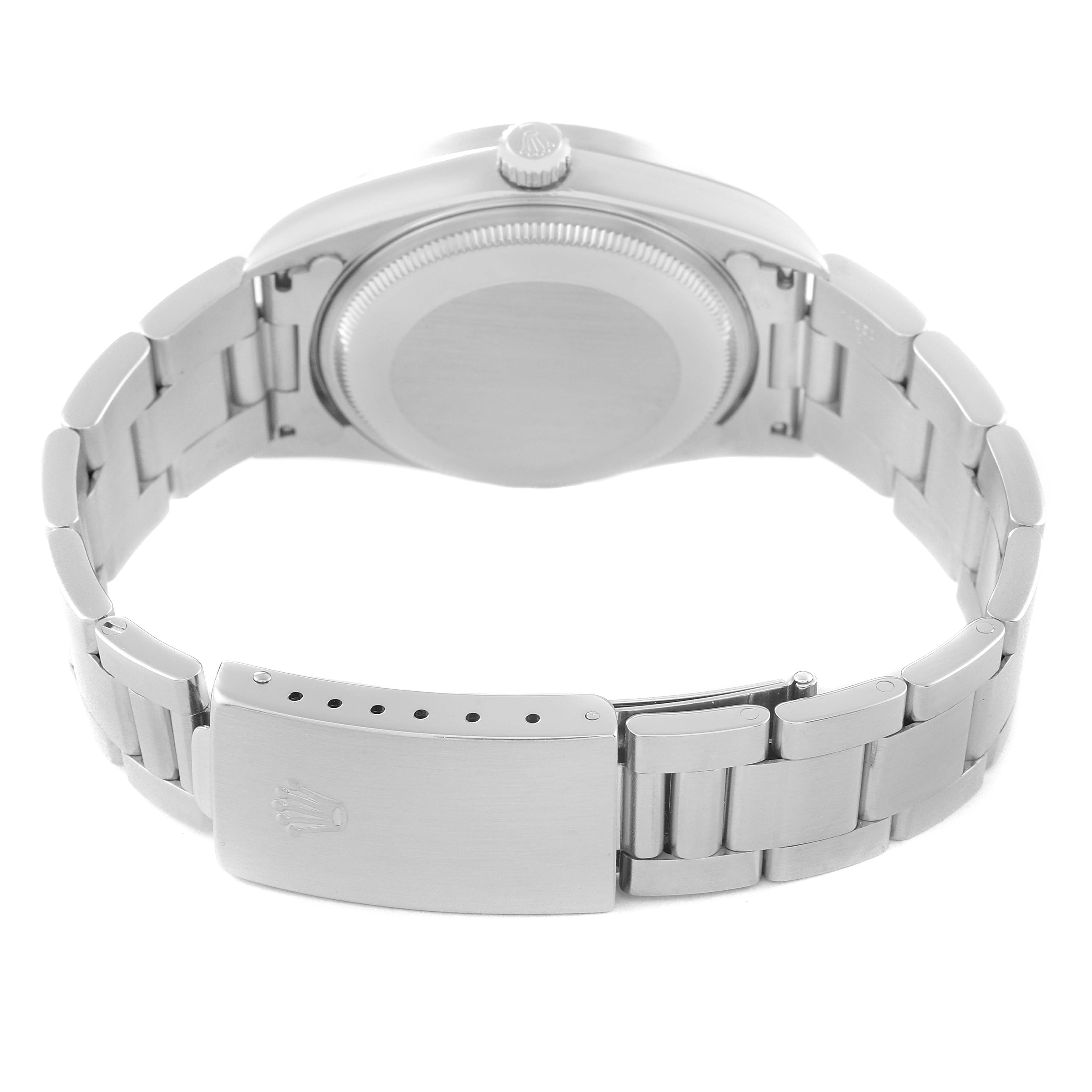 The image shows the back view of a Rolex Air-King 14010 Men's Stainless Steel Silver Dial 14010 Men's Stainless Steel Silver Dial watch, highlighting the case back, crown, and bracelet clasp.