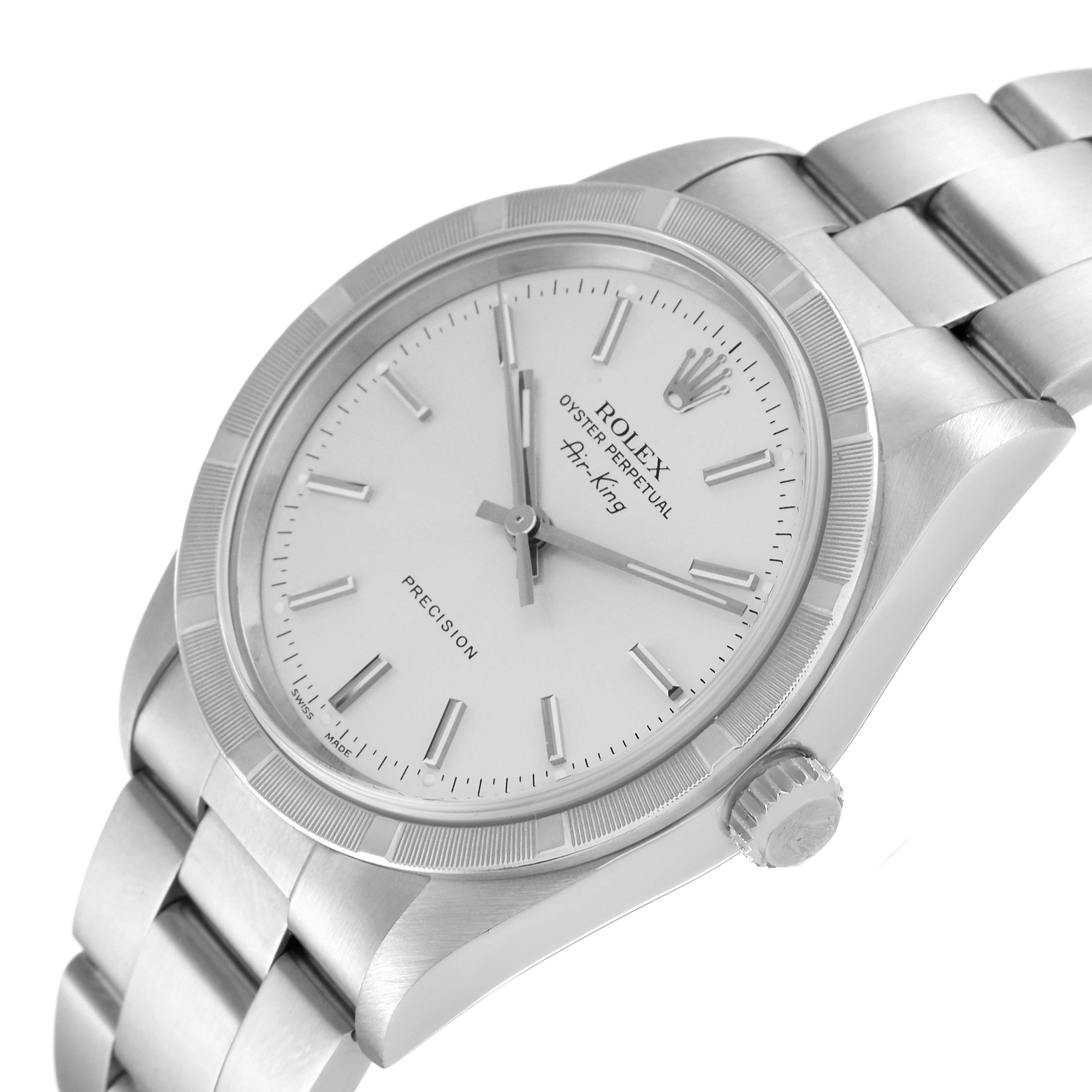 The Rolex Air-King 14010 Men's Stainless Steel Silver Dial 14010 Men's Stainless Steel Silver Dial watch is shown at a slight angle, displaying the dial, bezel, bracelet, and crown.