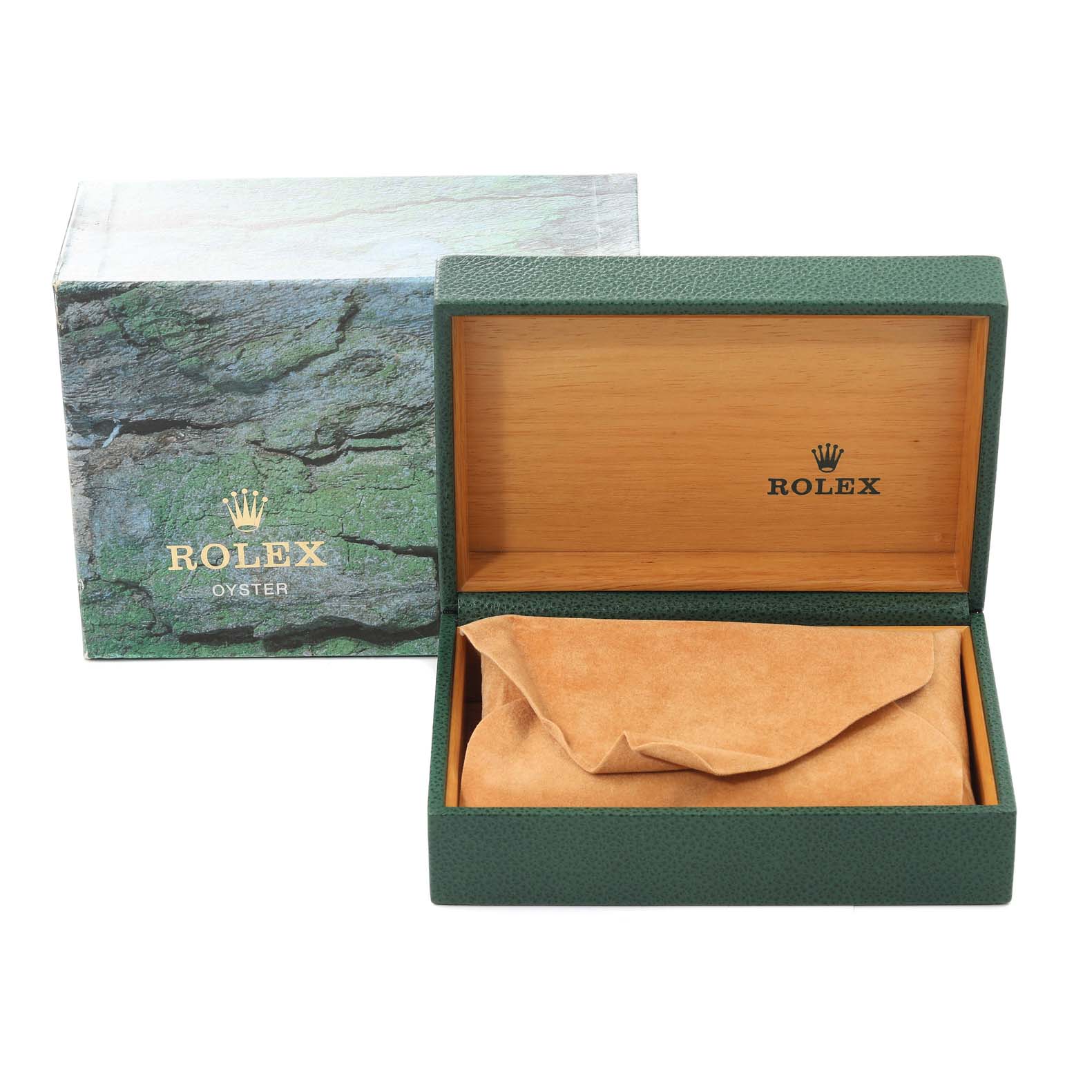 The image shows an open green Rolex-branded box with a suede pouch inside, designed for the Air-King model by Rolex.