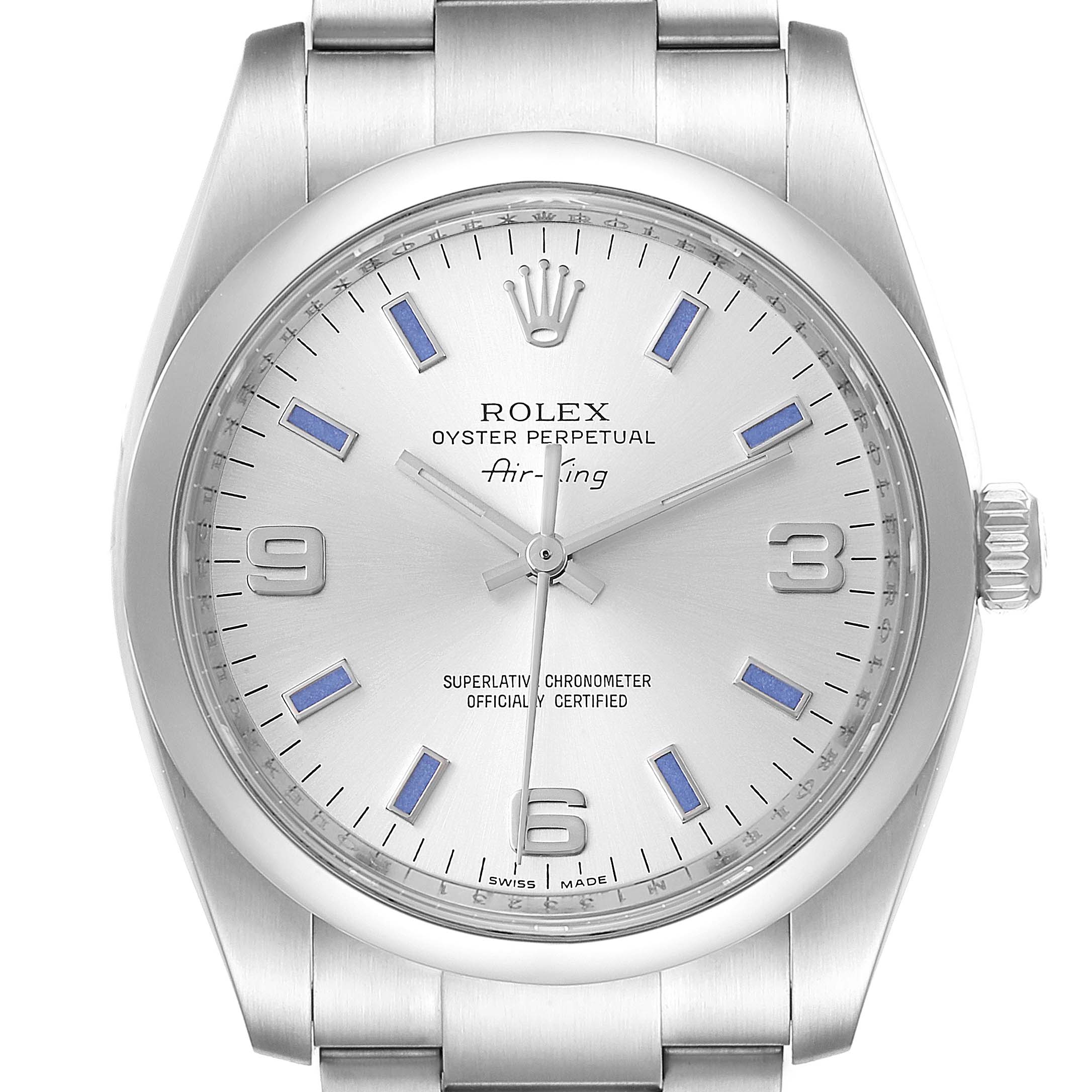 This is a front-facing view of the Rolex Air-King 114200 Men's Stainless Steel Silver Dial 114200 Men's Stainless Steel Silver Dial watch, showing the dial, hour markers, hands, and part of the bracelet.