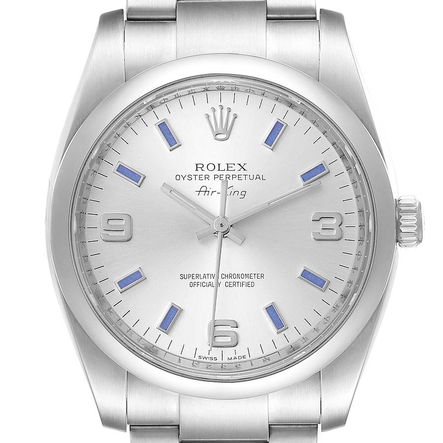 Rolex Air King Silver Dial Blue Hour Markers Steel Mens Watch 114200 Box Card SwissWatchExpo