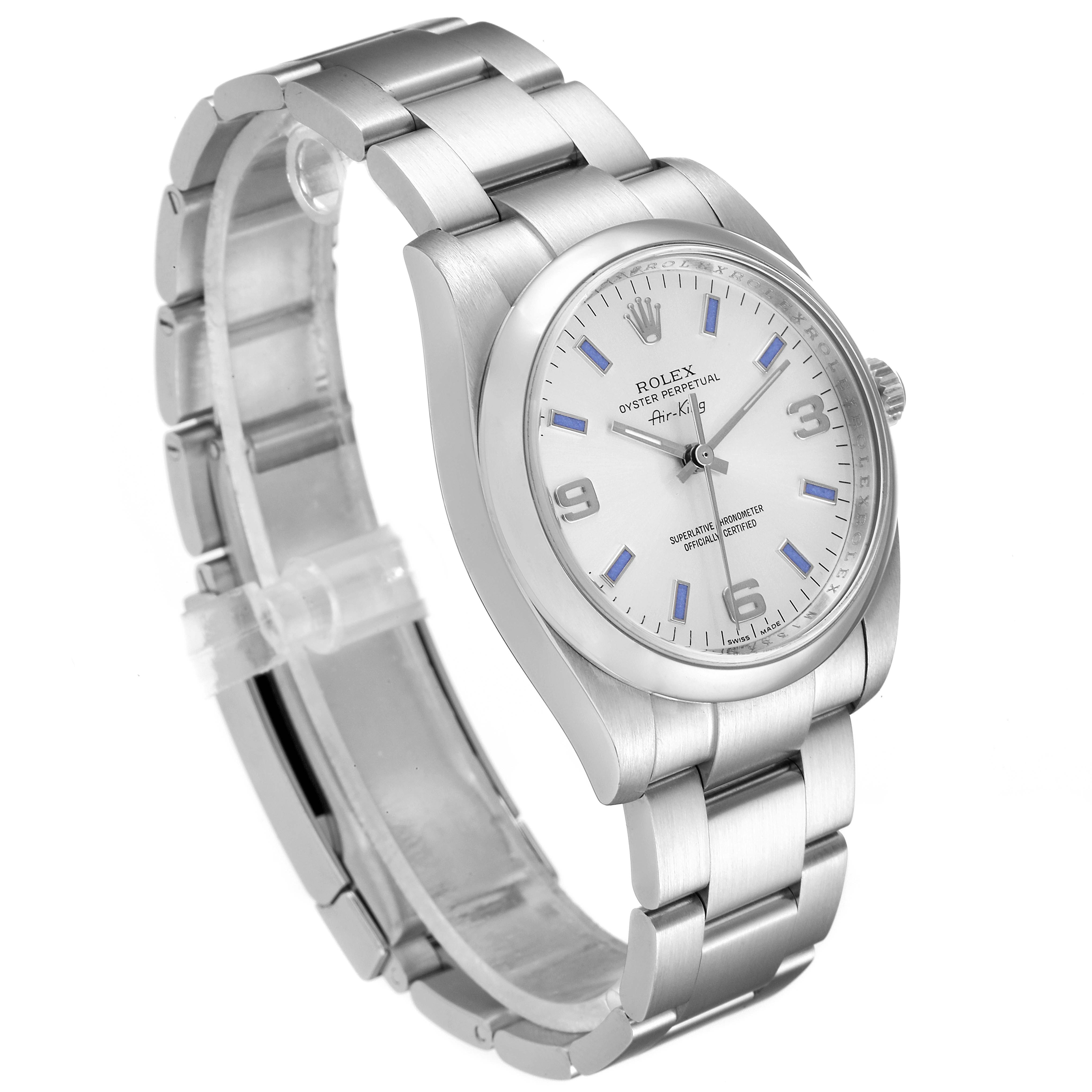 The image shows a Rolex Air-King 114200 Men's Stainless Steel Silver Dial 114200 Men's Stainless Steel Silver Dial watch at a slight angle, highlighting its stainless steel bracelet and dial.