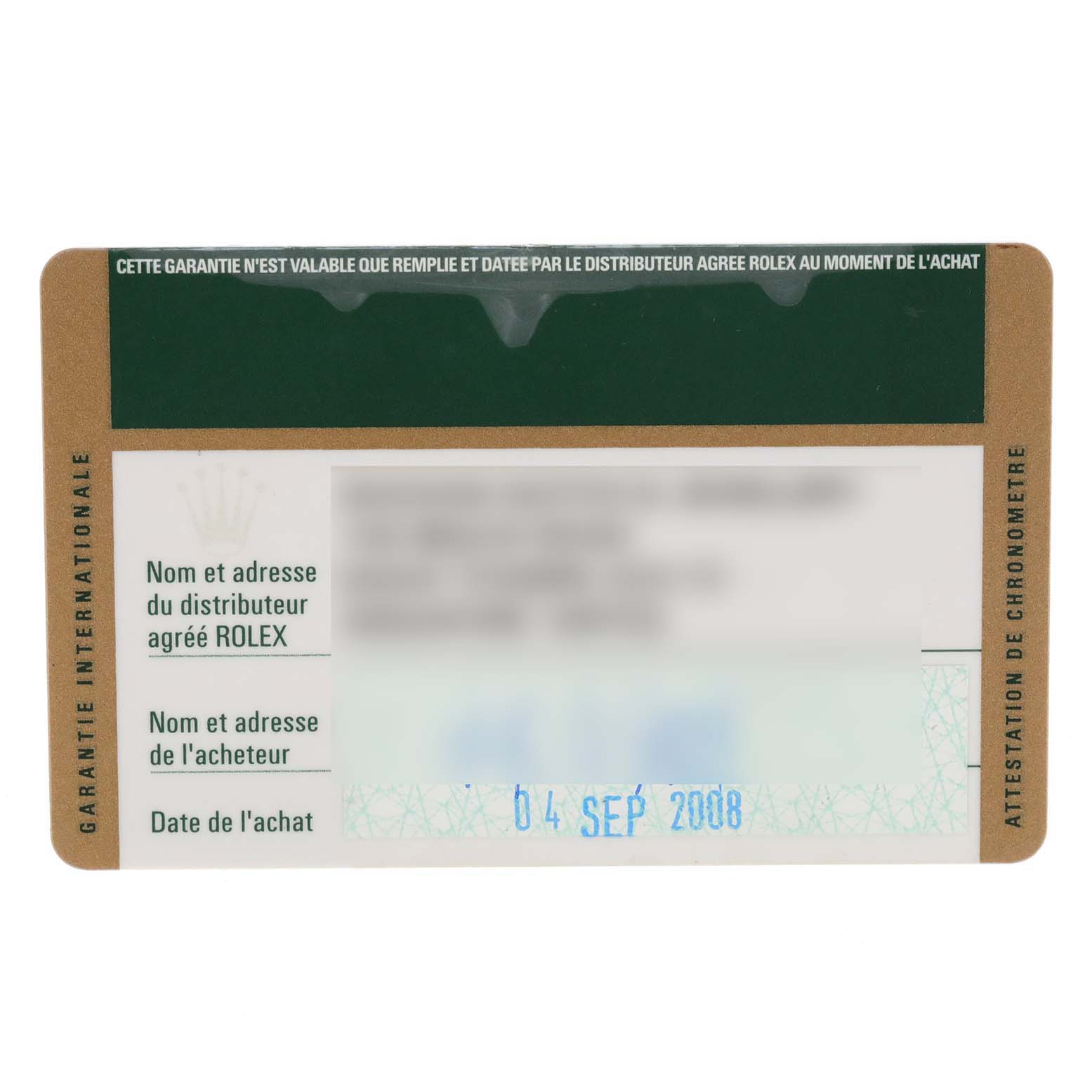 This image shows the guarantee card for the Rolex Air-King 114200 Men's Stainless Steel Silver Dial 114200 Men's Stainless Steel Silver Dial, including dealer and buyer names with the purchase date.