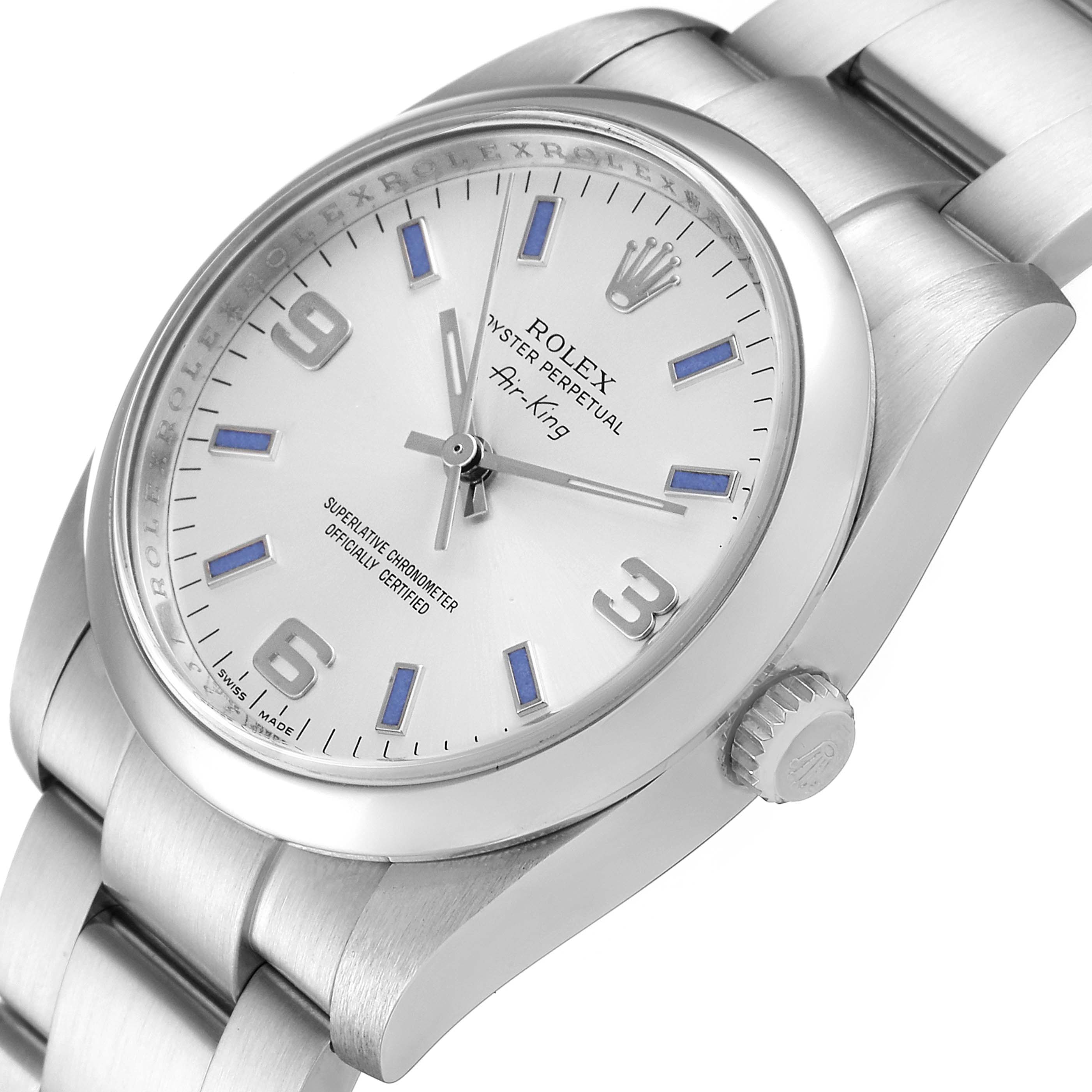 The image shows a Rolex Air-King 114200 Men's Stainless Steel Silver Dial 114200 Men's Stainless Steel Silver Dial watch at an angle displaying its face, crown, and part of the bracelet.