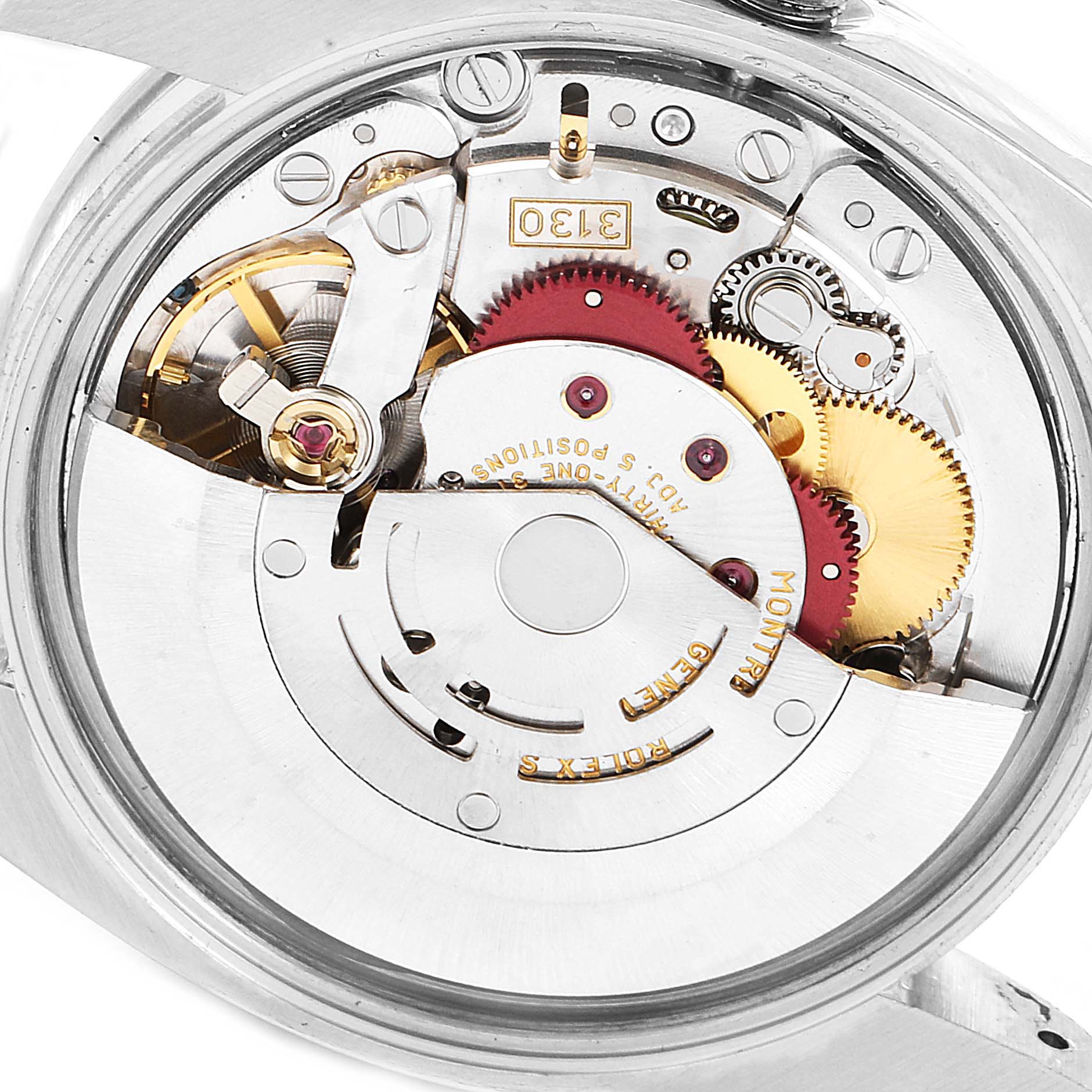This image shows the internal mechanism of the Rolex Air-King 114200 Men's Stainless Steel Silver Dial 114200 Men's Stainless Steel Silver Dial watch viewed from the back.