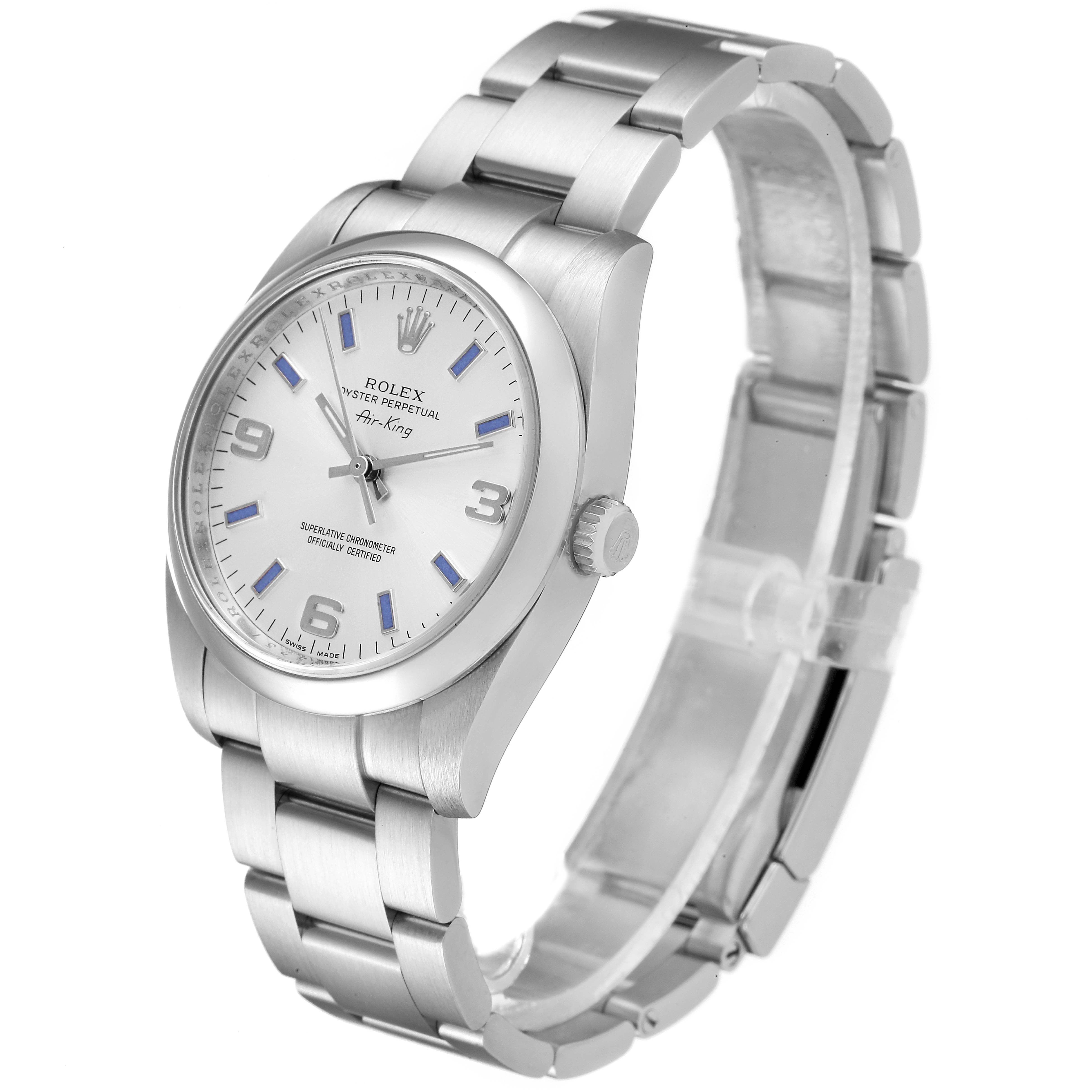 The Rolex Air-King 114200 Men's Stainless Steel Silver Dial 114200 Men's Stainless Steel Silver Dial watch is shown at a three-quarter angle, highlighting the face, bezel, crown, and the metal bracelet.