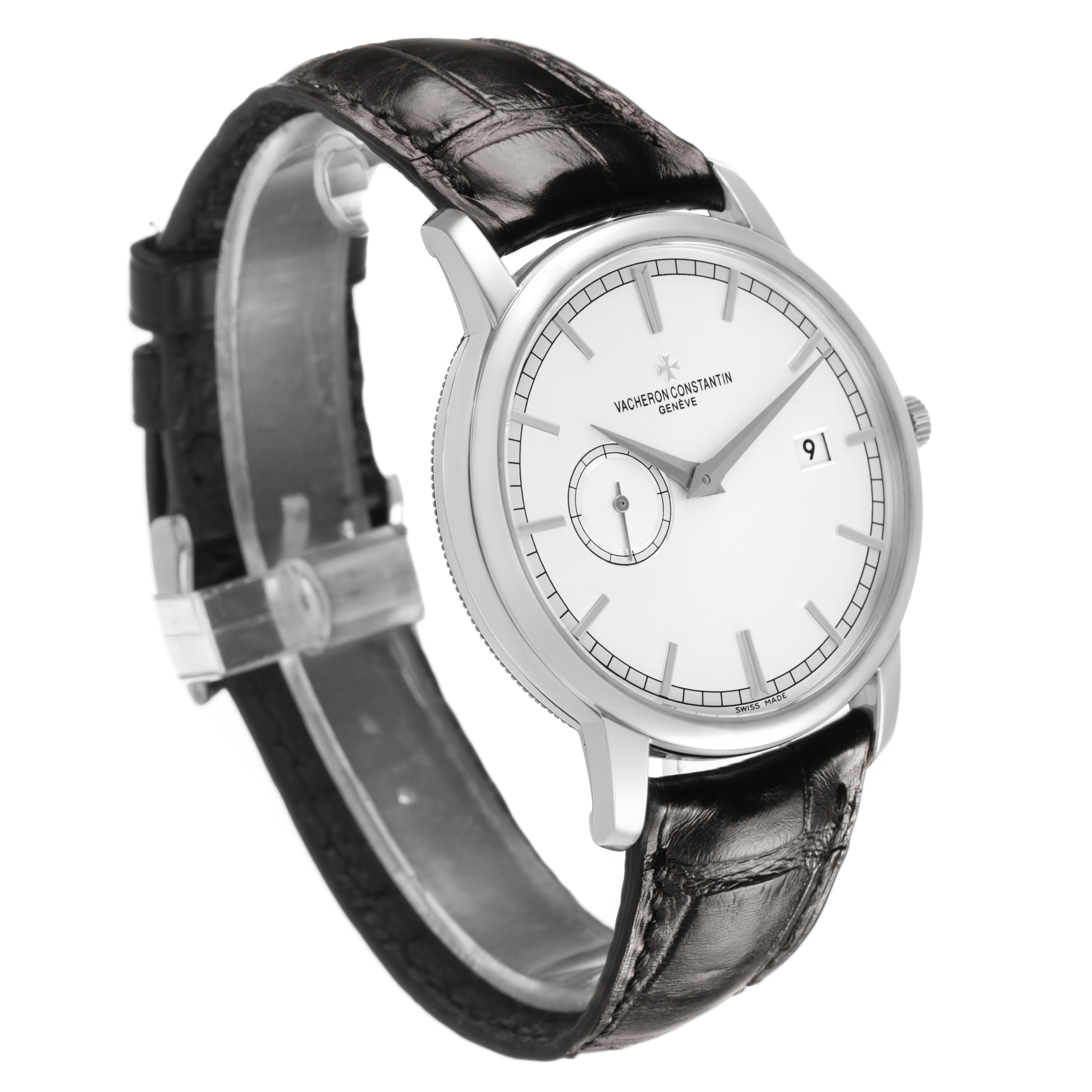 The Vacheron Constantin Traditionnelle 87172/000G-9301 Men's White Gold Silver Dial watch is shown at a three-quarter angle, highlighting the dial, case, and leather strap.