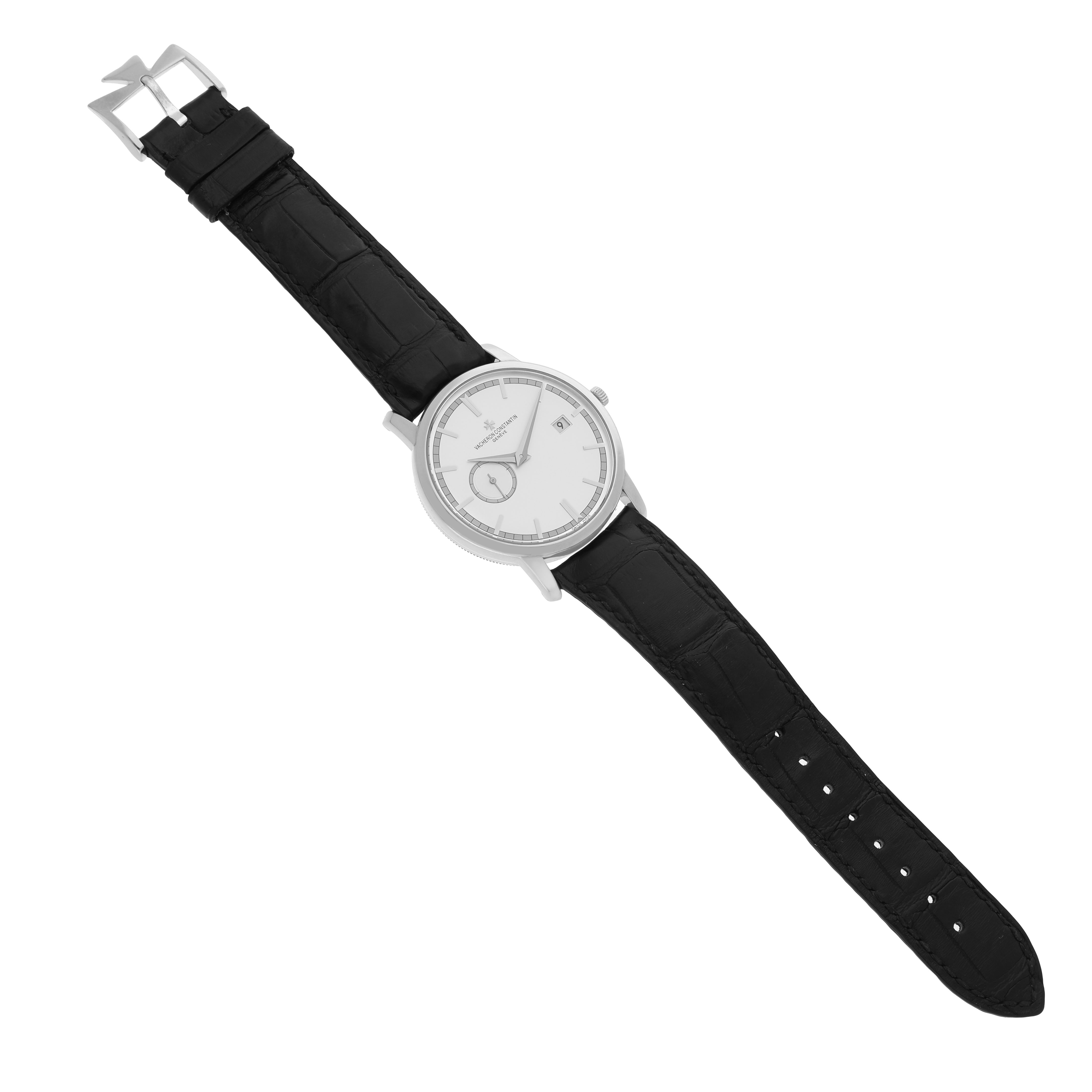 The Vacheron Constantin Traditionnelle 87172/000G-9301 Men's White Gold Silver Dial watch is shown from an overhead angle, displaying the dial, case, strap, and buckle.