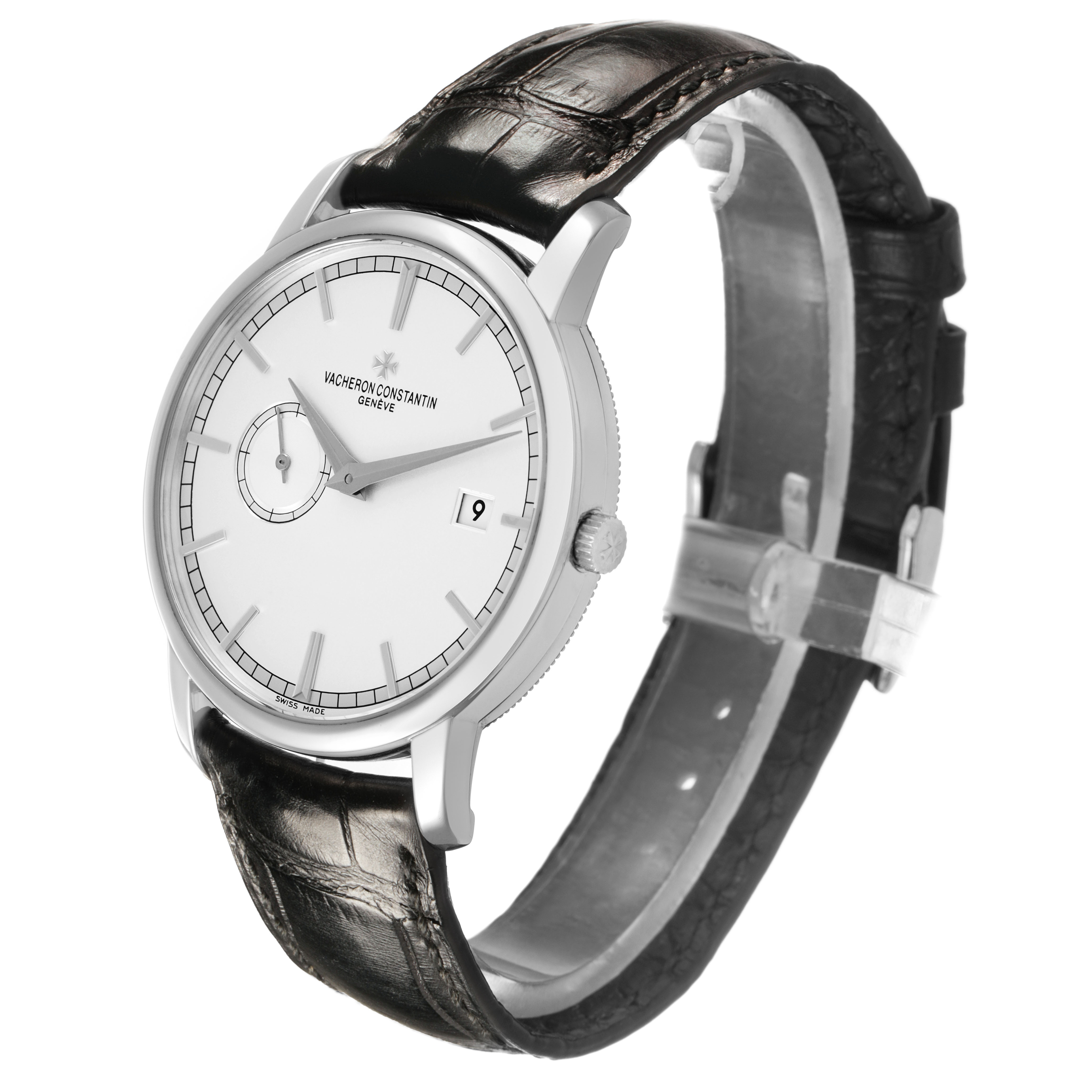 The Vacheron Constantin Traditionnelle 87172/000G-9301 Men's White Gold Silver Dial is angled to show its dial, crown, strap, and clasp from a side perspective.