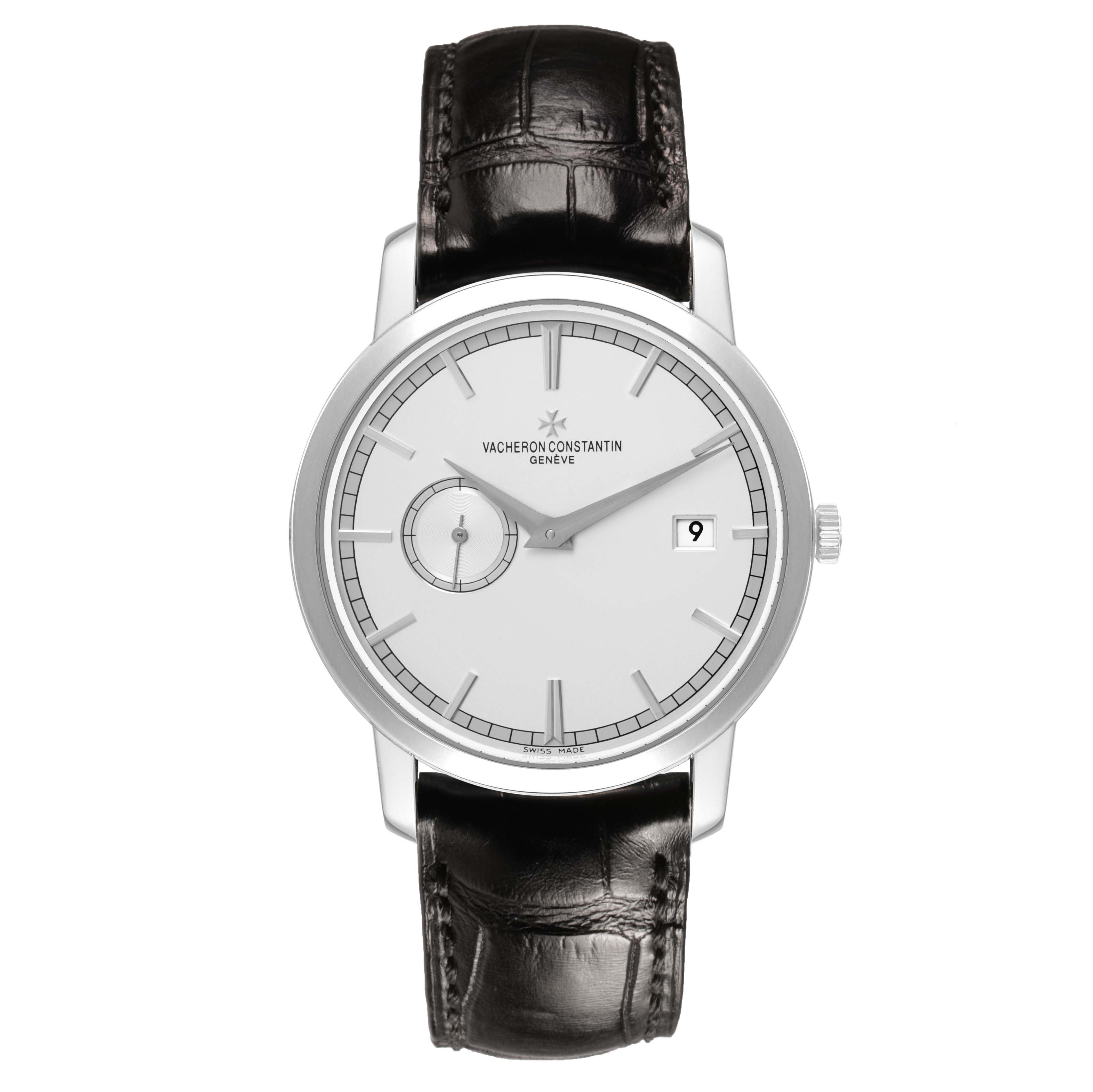 The Vacheron Constantin Traditionnelle 87172/000G-9301 Men's White Gold Silver Dial watch is shown from the front, displaying its dial, hour markers, sub-dial, and date window.