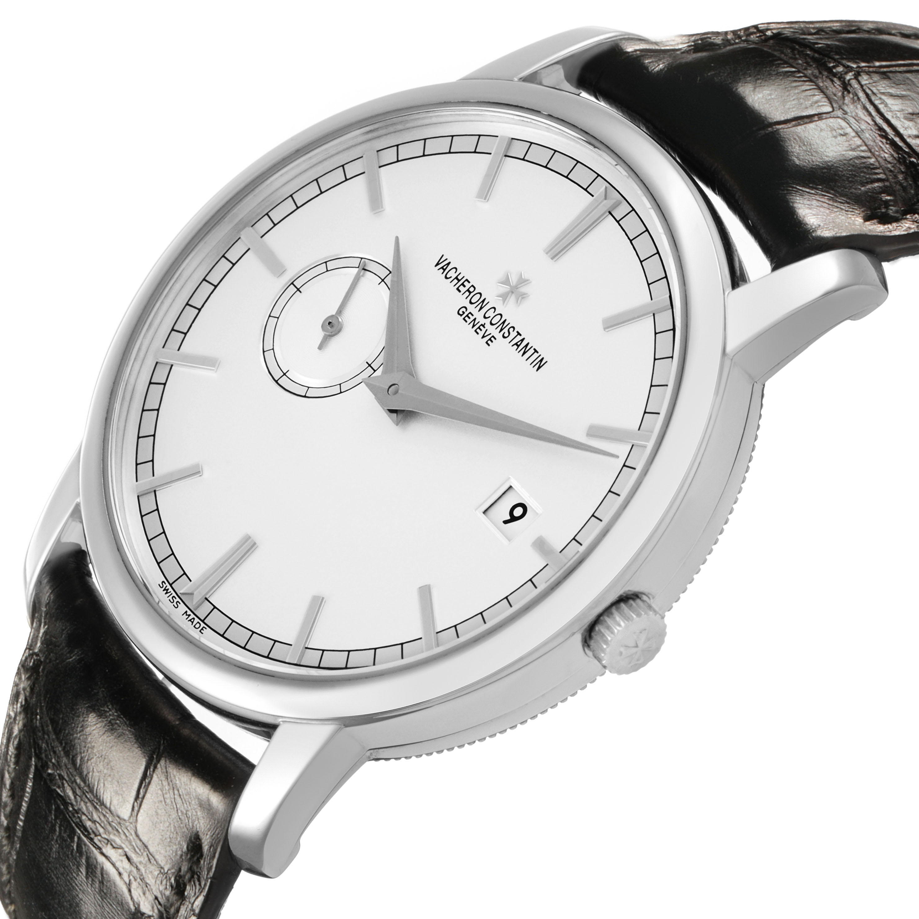 This Vacheron Constantin Traditionnelle 87172/000G-9301 Men's White Gold Silver Dial watch is shown at a slight angle, highlighting its face, hands, crown, and strap attachment.