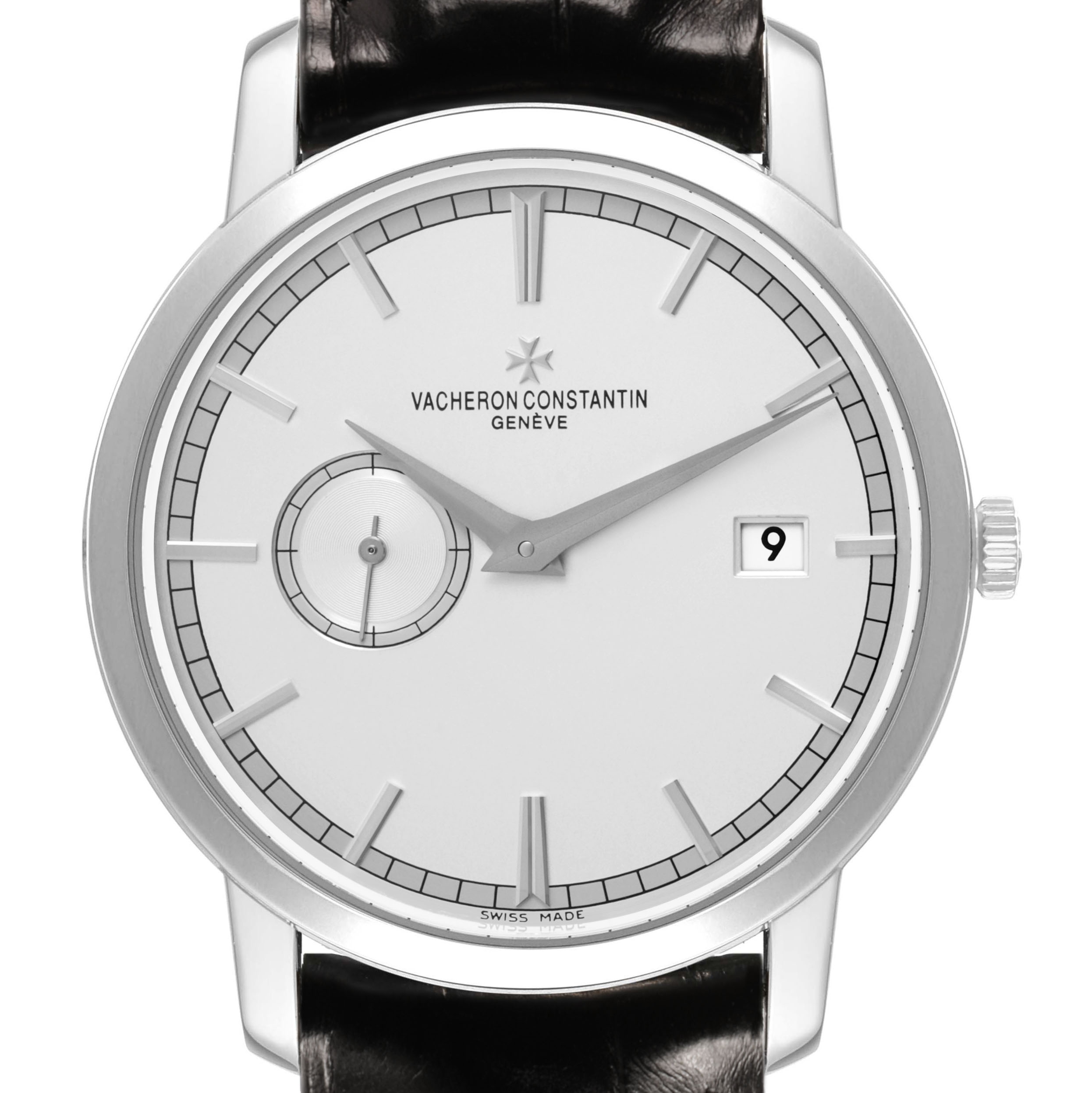 The Vacheron Constantin Traditionnelle 87172/000G-9301 Men's White Gold Silver Dial watch is shown from the front, displaying the dial, hands, subdial, and date window.