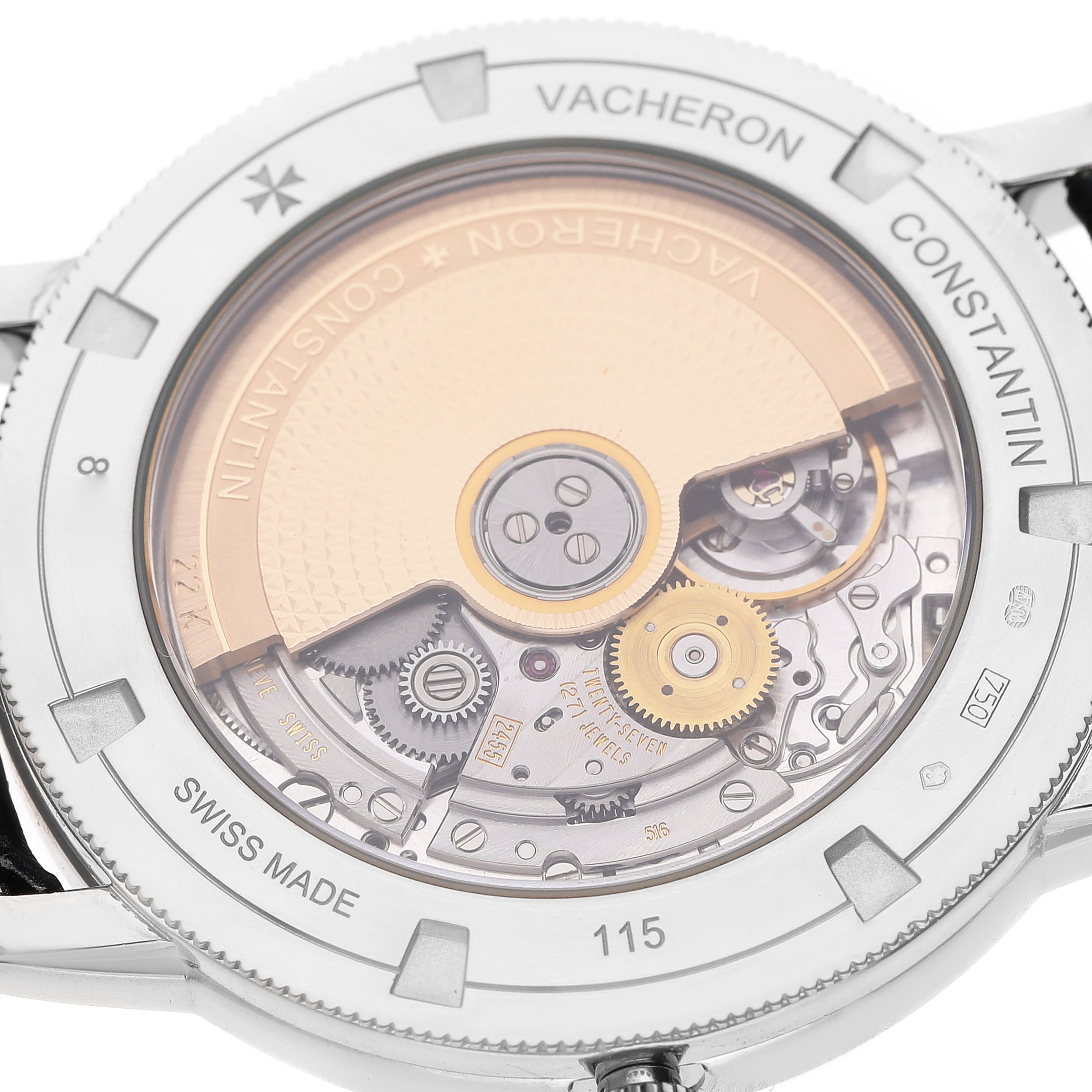 The image shows the back view of a Vacheron Constantin Traditionnelle 87172/000G-9301 Men's White Gold Silver Dial watch, highlighting its intricate mechanical movement.