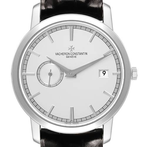The Vacheron Constantin Traditionnelle 87172/000G-9301 Men's White Gold Silver Dial watch is shown face-on, displaying the dial, hands, sub-dial, and date window.