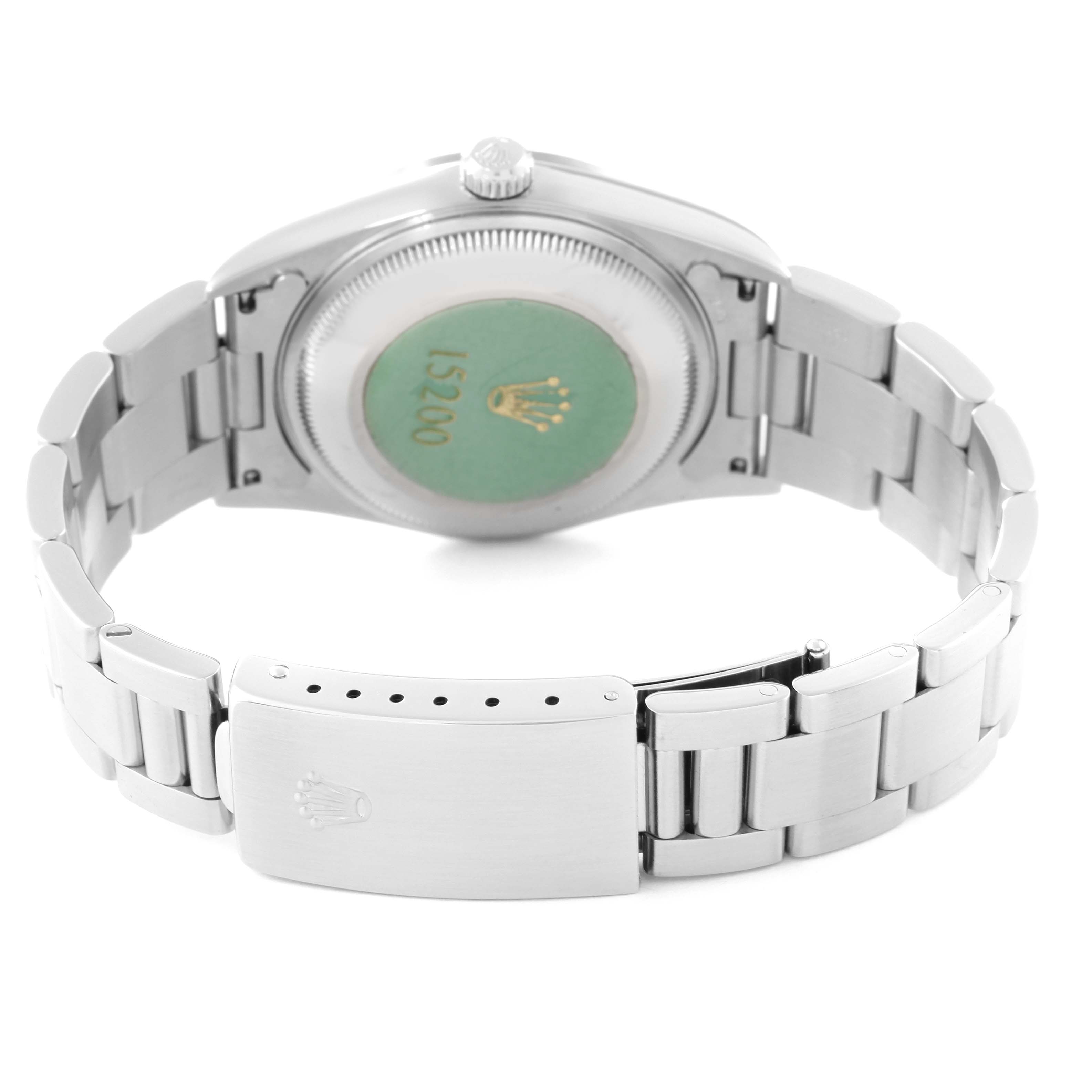 This image shows the back view of a Rolex Date 15200 Men
s Stainless Steel Pink Dial 15200 Men
s Stainless Steel Pink Dial model watch, focusing on its bracelet, clasp, and case back.