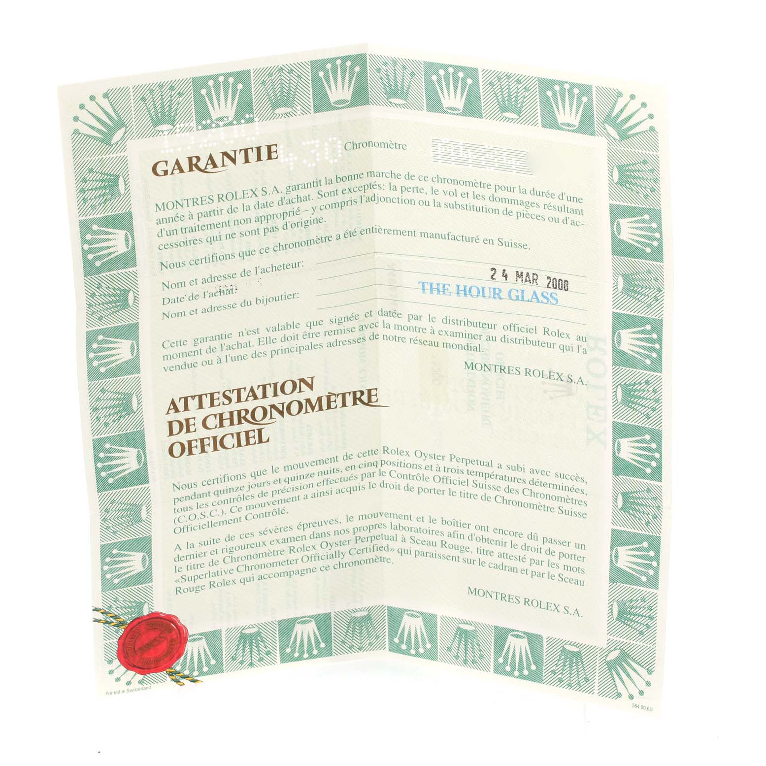 The image shows the warranty and certification documents of a Rolex Date 15200 Men
s Stainless Steel Pink Dial 15200 Men
s Stainless Steel Pink Dial model watch, displayed open.