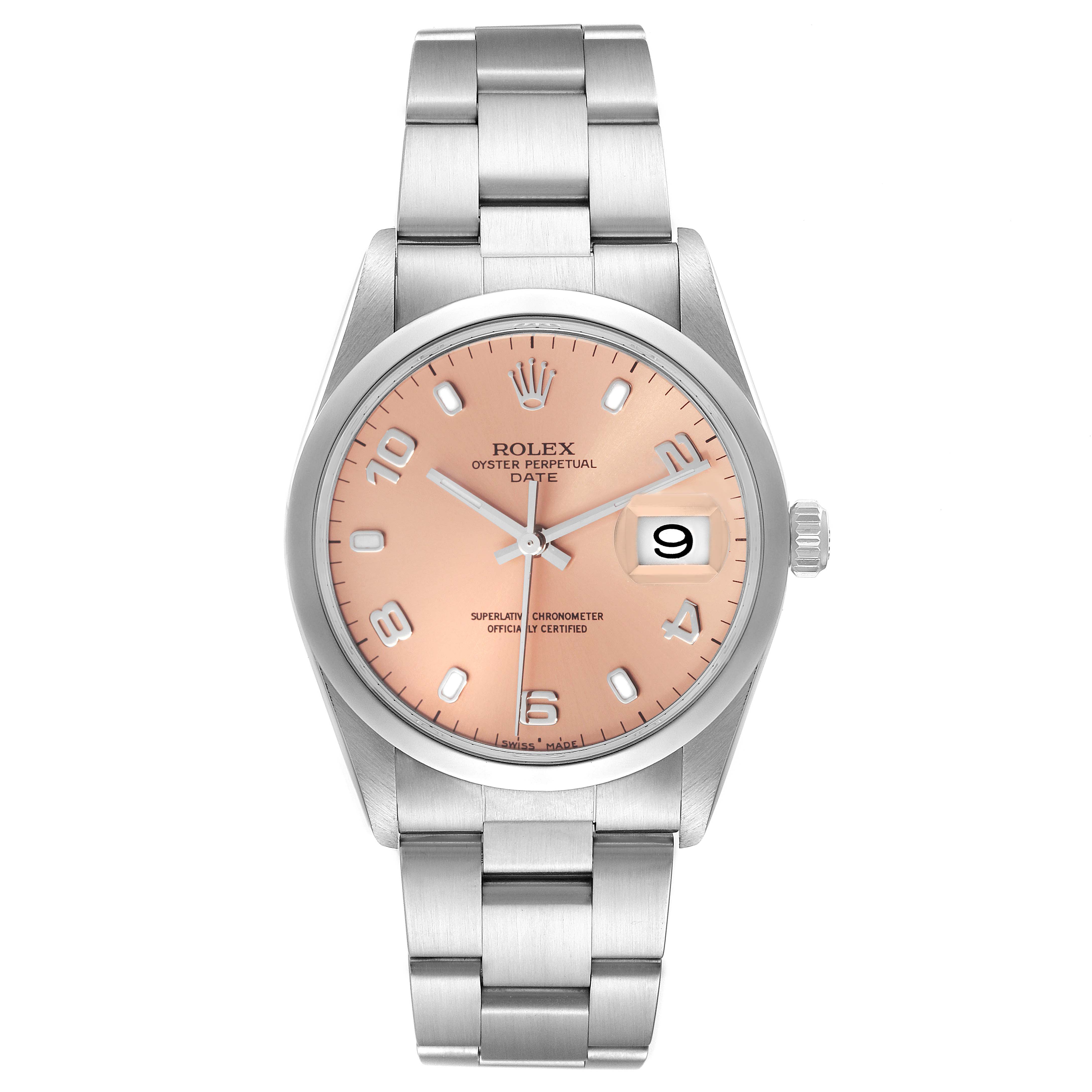 The Rolex Date 15200 Men
s Stainless Steel Pink Dial 15200 Men
s Stainless Steel Pink Dial model watch is shown from a top-down angle, displaying its face, bezel, crown, and bracelet.