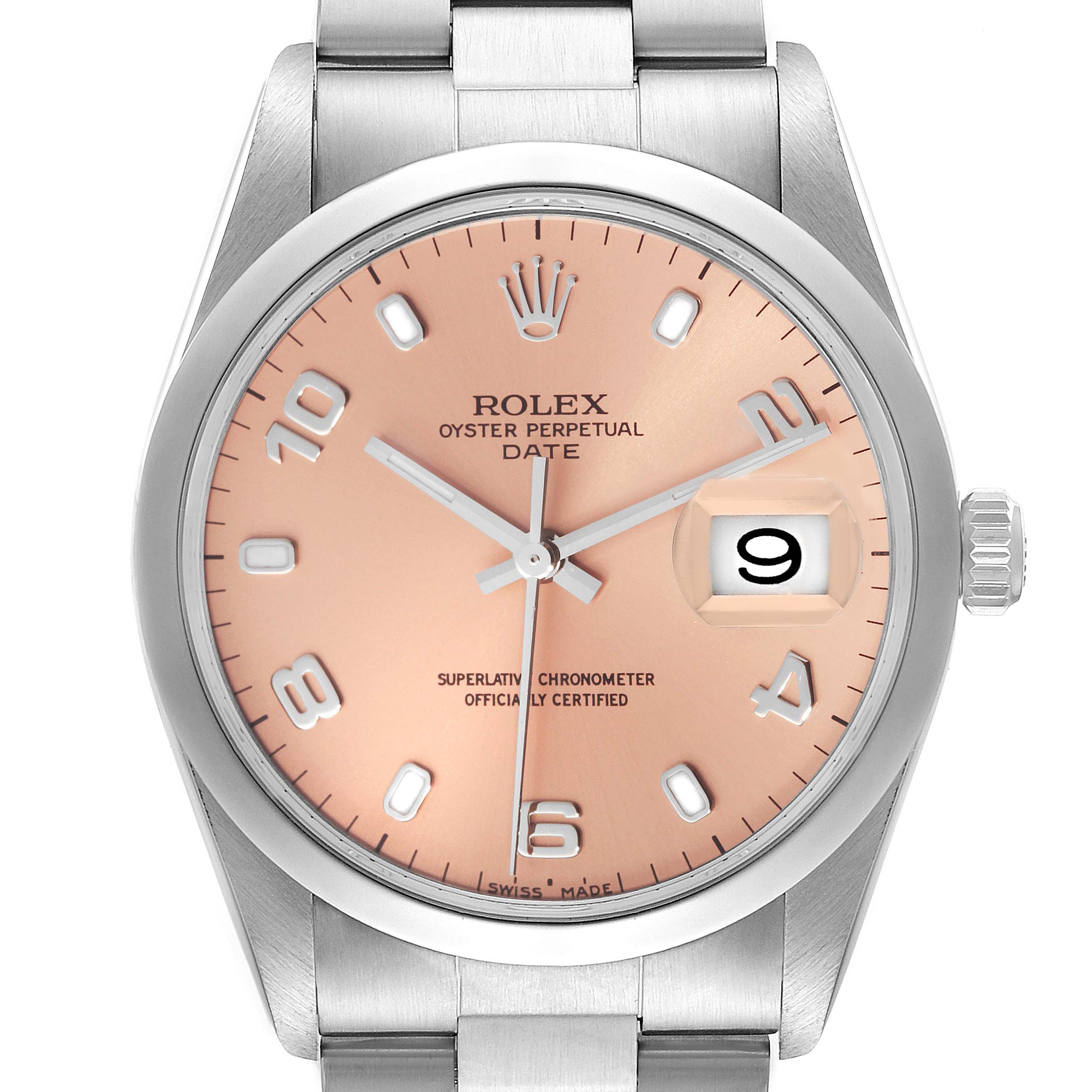 This image shows a front view of the Rolex Oyster Perpetual Date watch, highlighting the dial, hour markers, hands, date window, and crown.