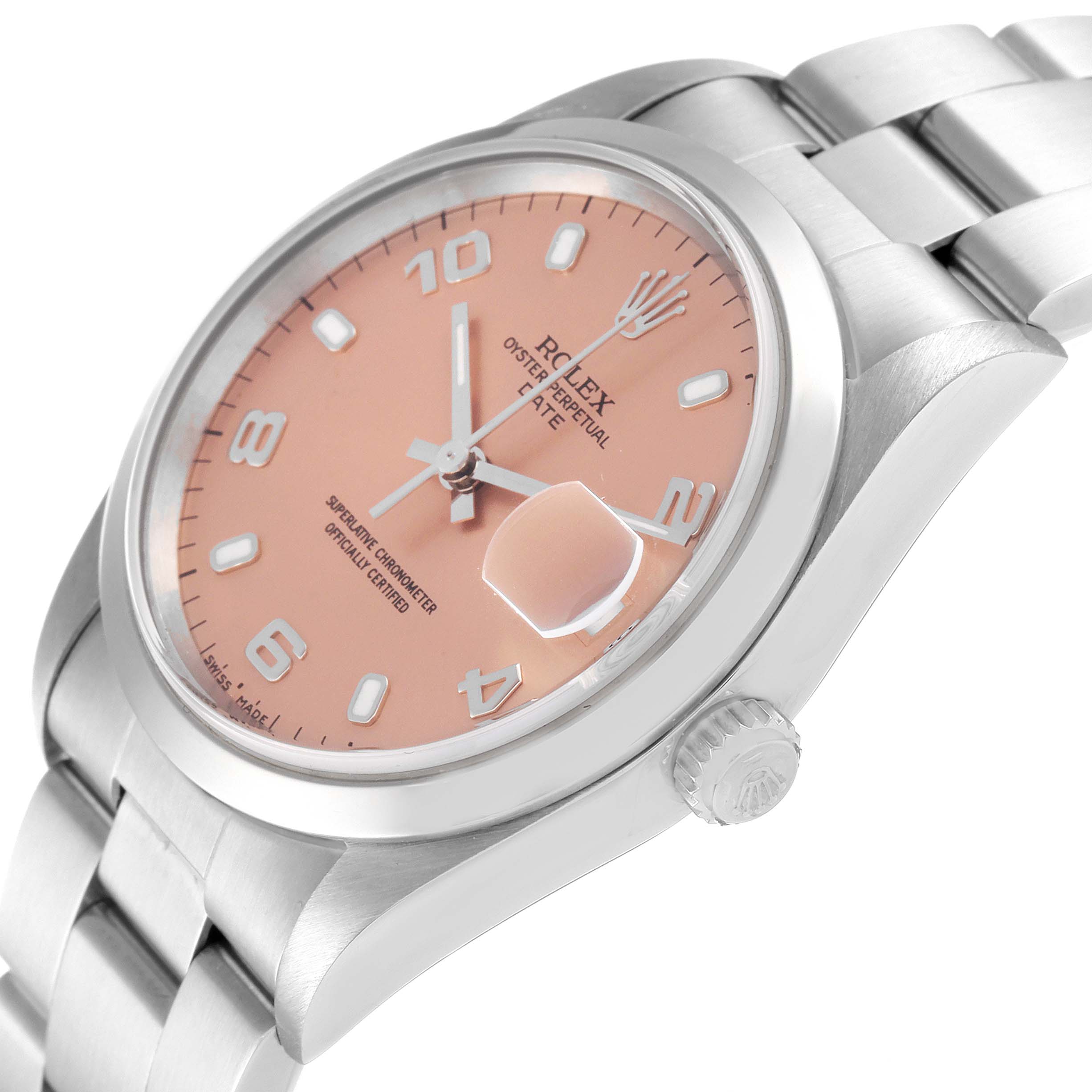 This image shows the Rolex Date 15200 Men
s Stainless Steel Pink Dial 15200 Men
s Stainless Steel Pink Dial model watch at a slight angle, highlighting the dial, case, bracelet, and crown.